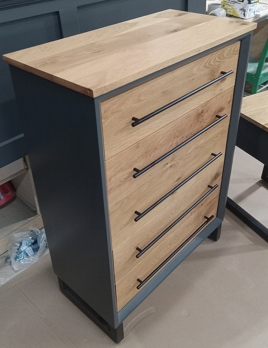 Handcrafted modern 5 drawer chest of drawers Grey with real white oak