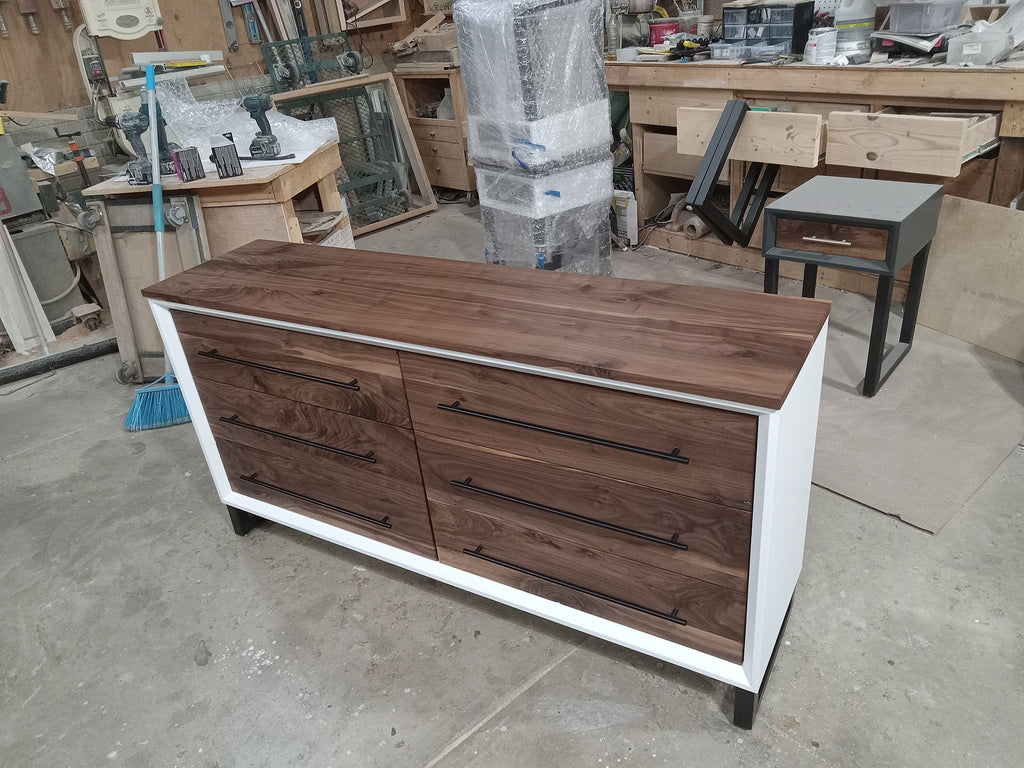 60" modern 6 drawer dresser in white w/walnut fronts and top on 5" steel legs made to order