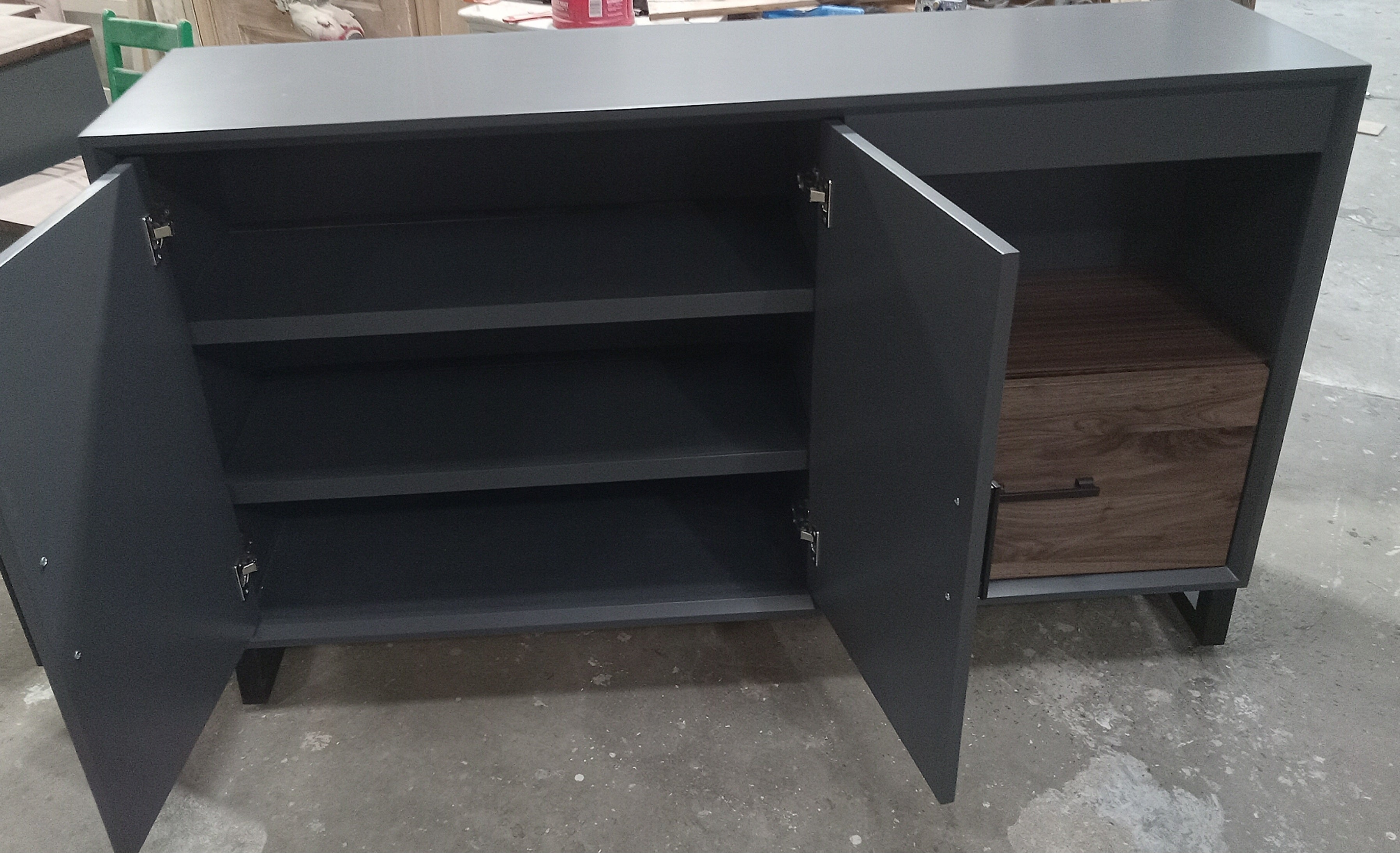 modern Accent cabinet in charcoal Grey w/ walnut