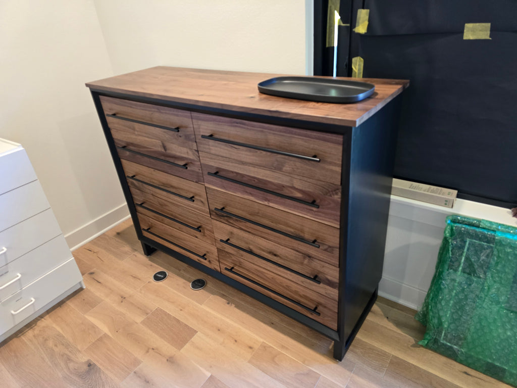 Modern industrial 10 drawer dresser solid walnut and gray shell