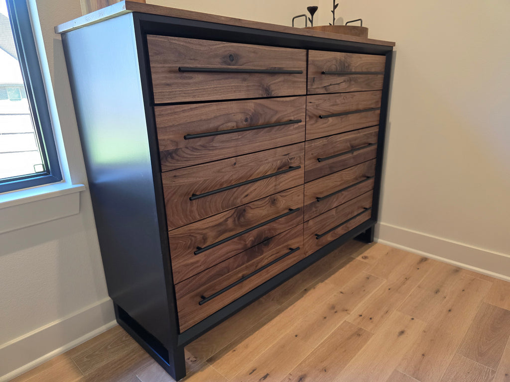 Modern industrial 10 drawer dresser solid walnut and gray shell