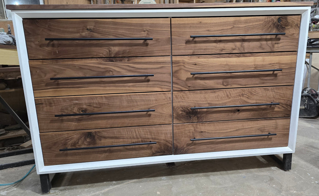 Handcrafted modern 8 drawer dresser in white with real walnut on 5" steel legs
