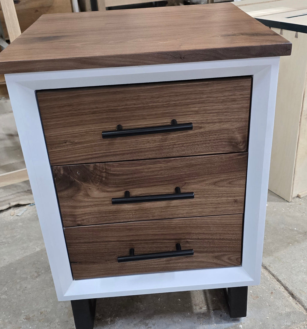 Handcrafted modern 3 drawer nightstand in white with walnut