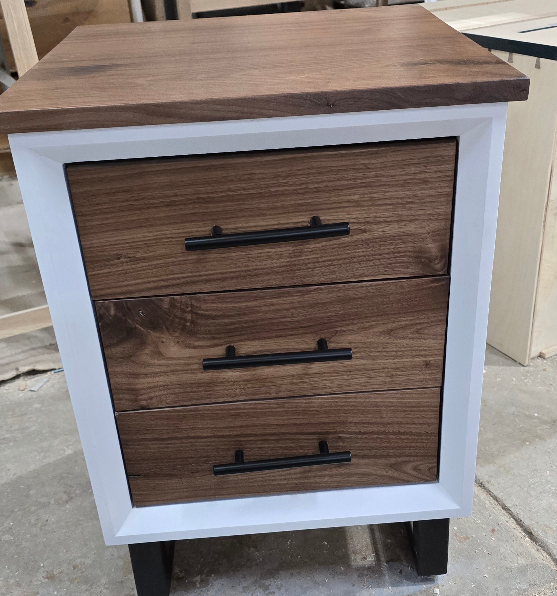 Handcrafted modern 3 drawer nightstand in white with walnut