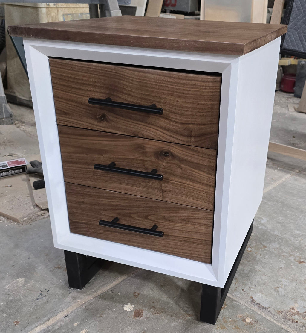 Handcrafted modern 3 drawer nightstand in white with walnut