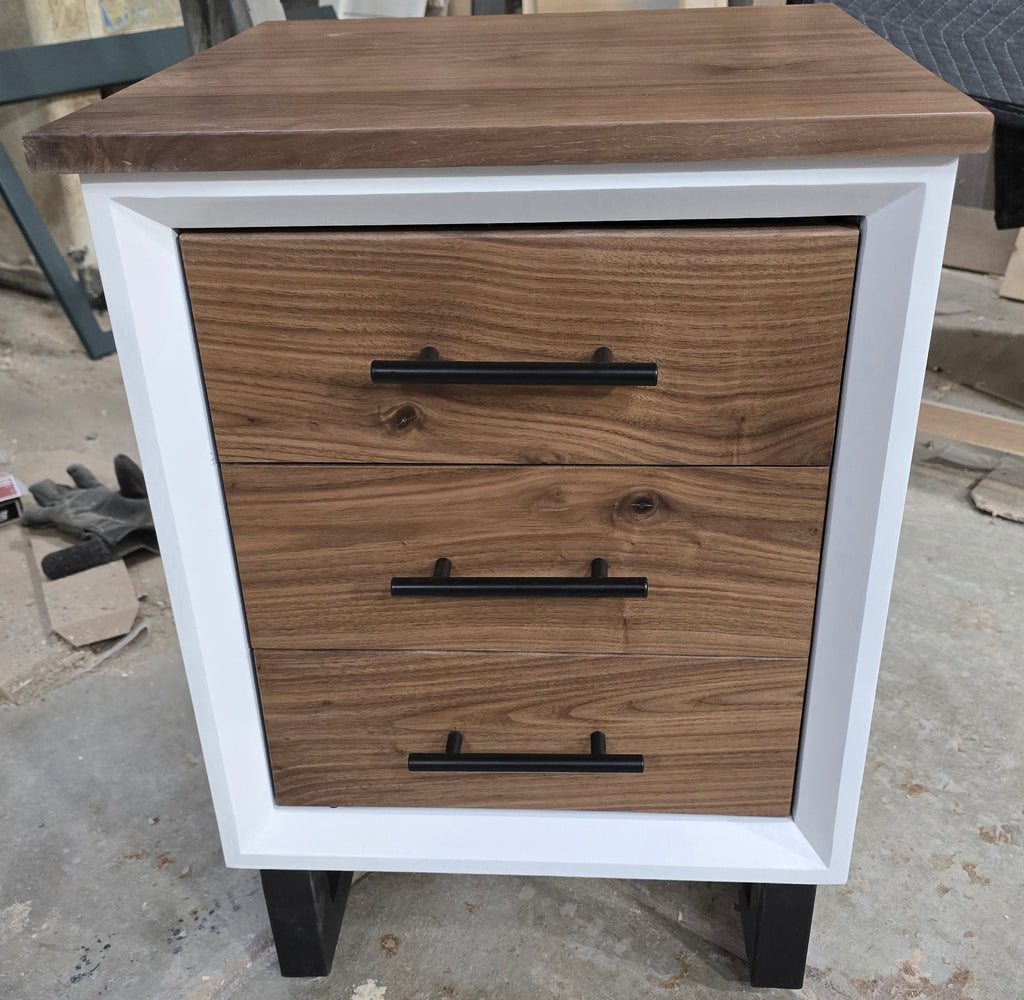 Handcrafted modern 3 drawer nightstand in white with walnut