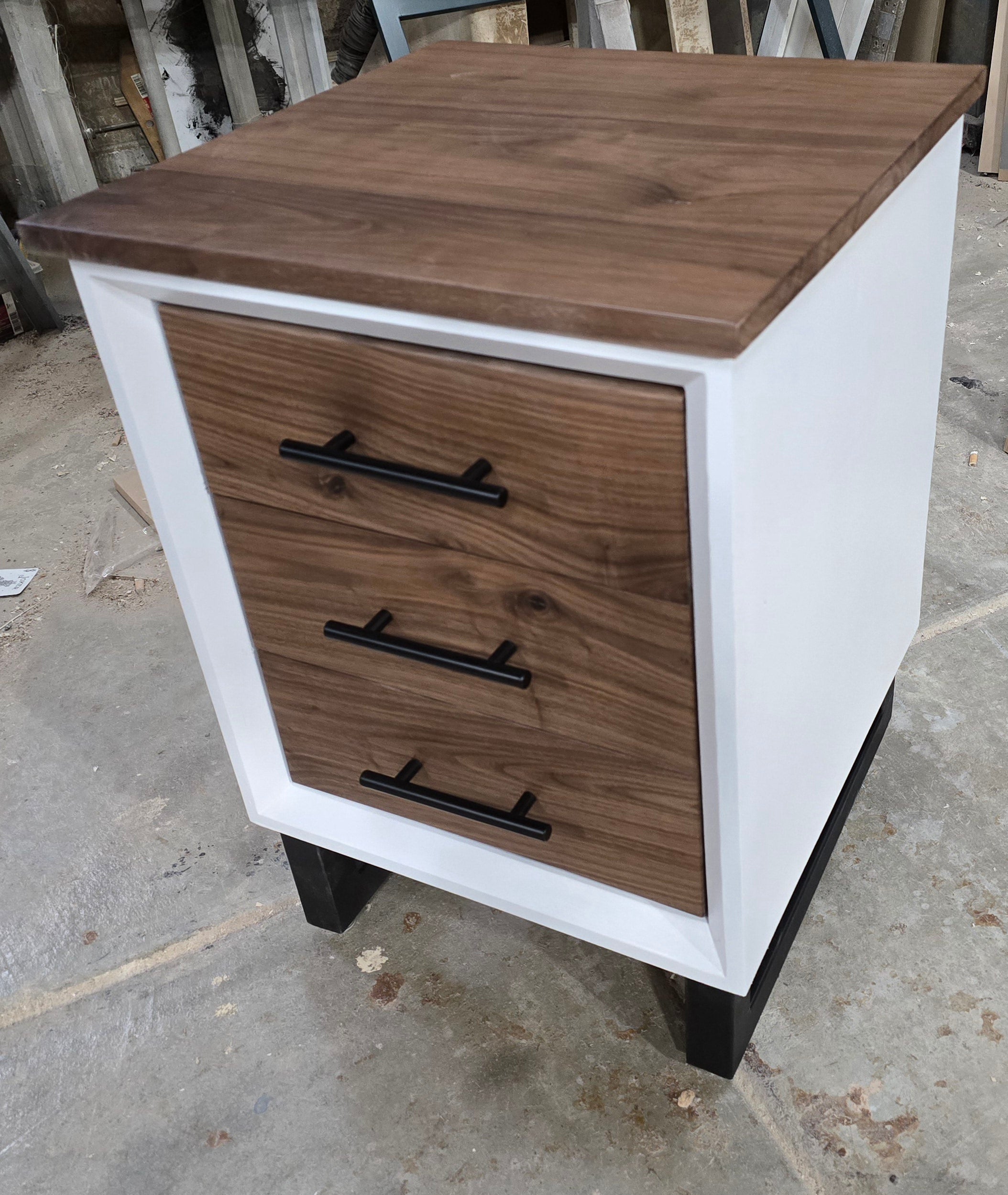 Handcrafted modern 3 drawer nightstand in white with walnut