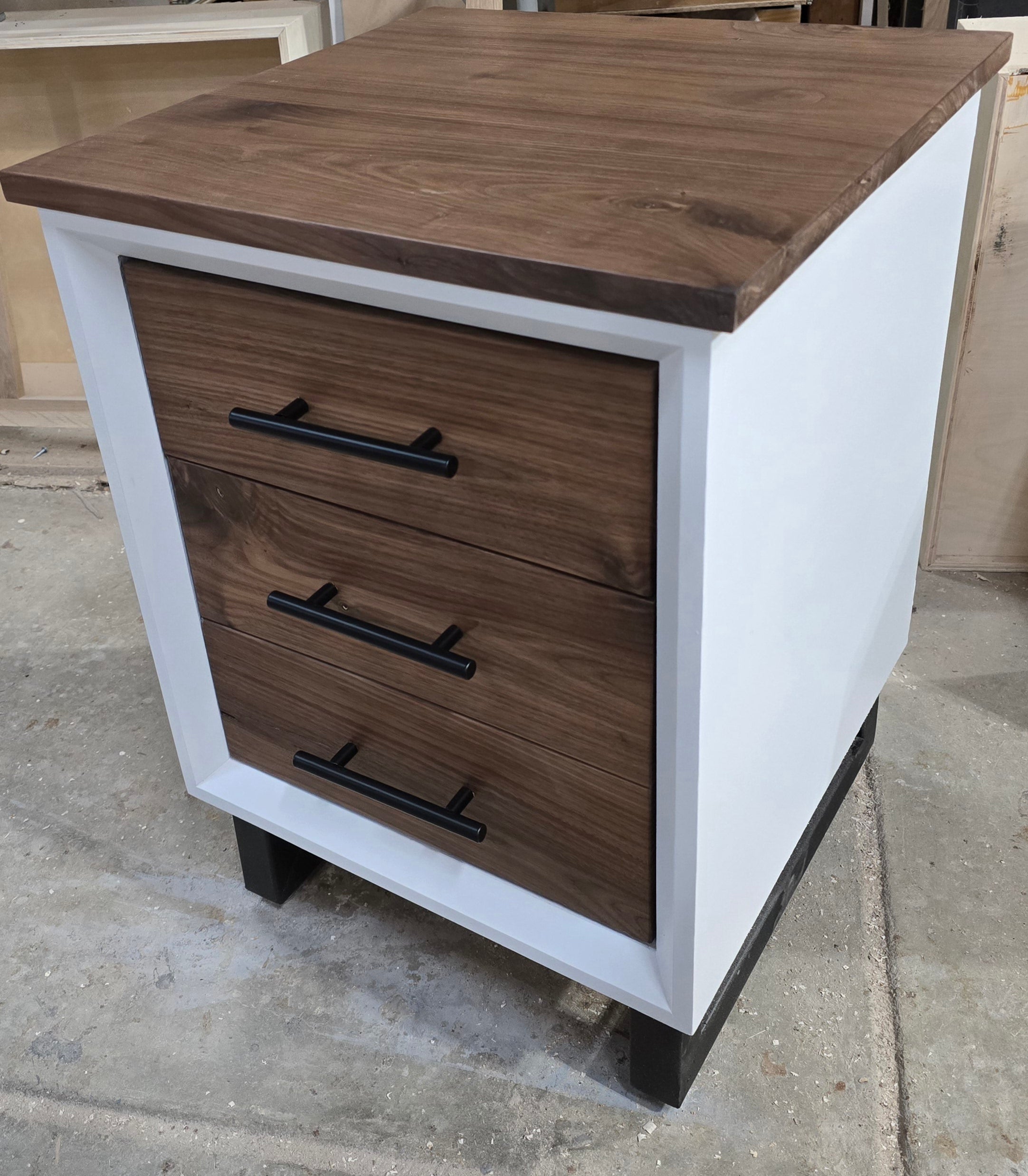 Handcrafted modern 3 drawer nightstand in white with walnut