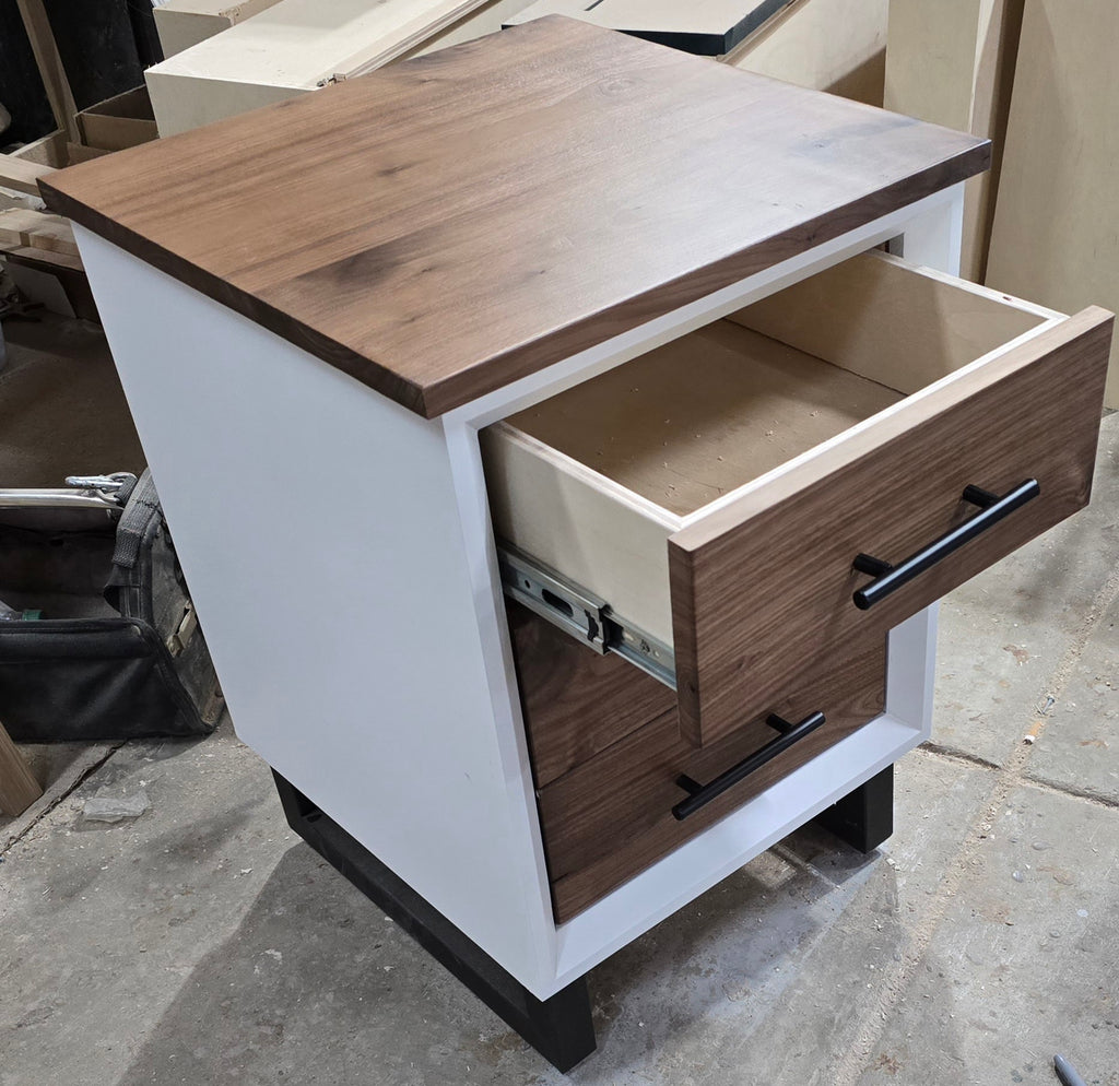 Handcrafted modern 3 drawer nightstand in white with walnut