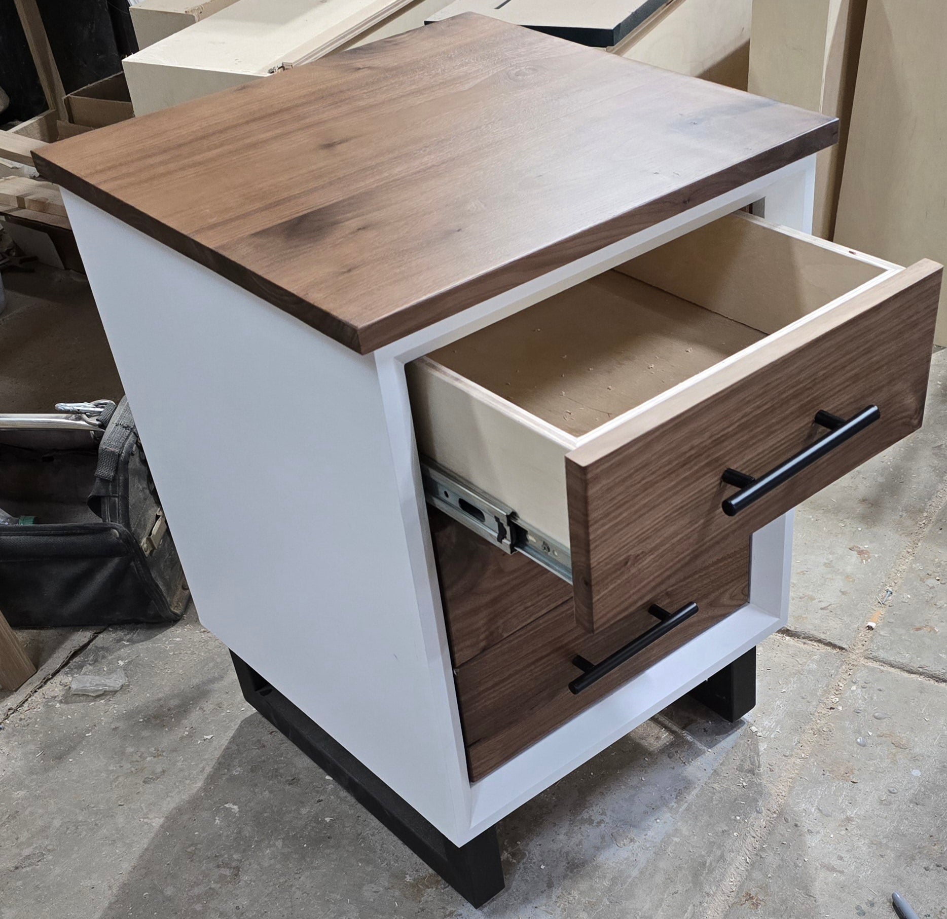 Handcrafted modern 3 drawer nightstand in white with walnut