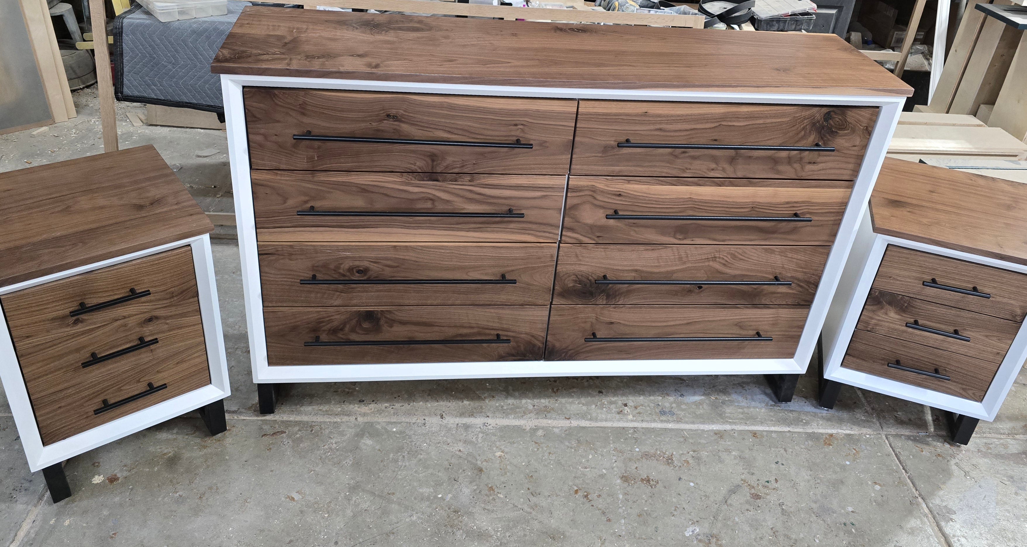 Handcrafted modern 8 drawer dresser in white with real walnut on 5" steel legs