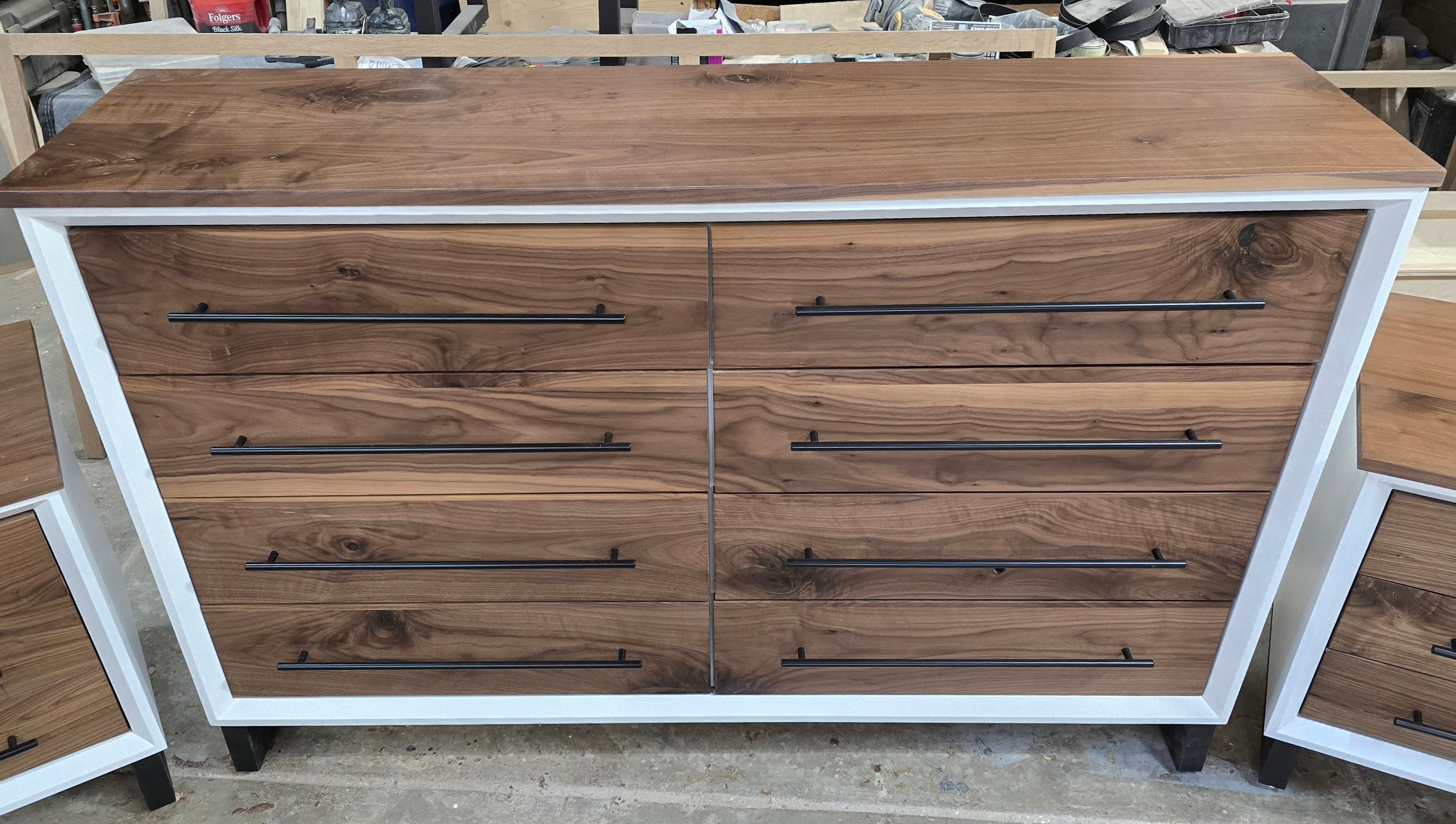 Handcrafted modern 8 drawer dresser in white with real walnut on 5" steel legs