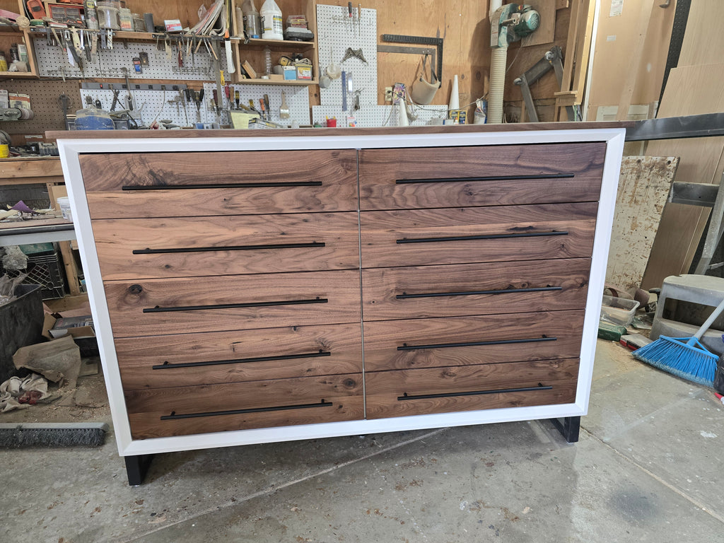 Handcrafted modern 8 drawer dresser in white with real walnut on 5" steel legs