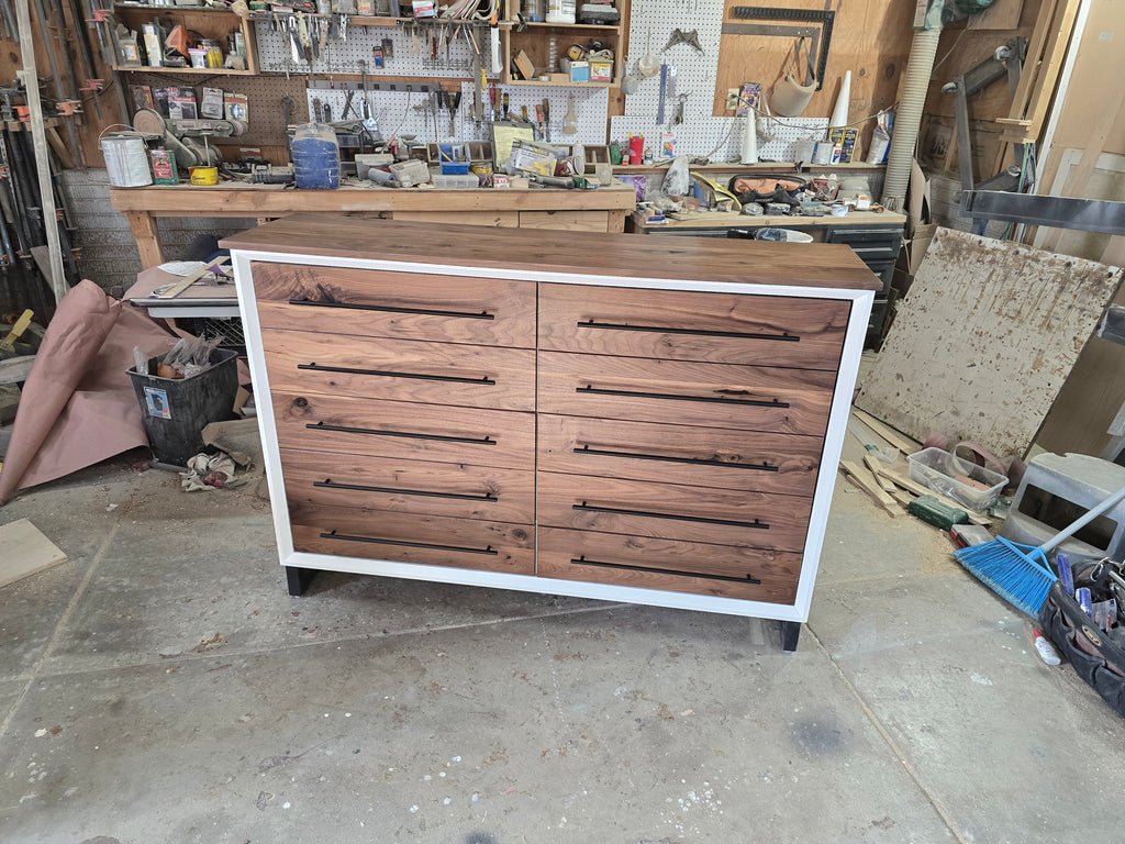 Handcrafted modern 8 drawer dresser in white with real walnut on 5" steel legs