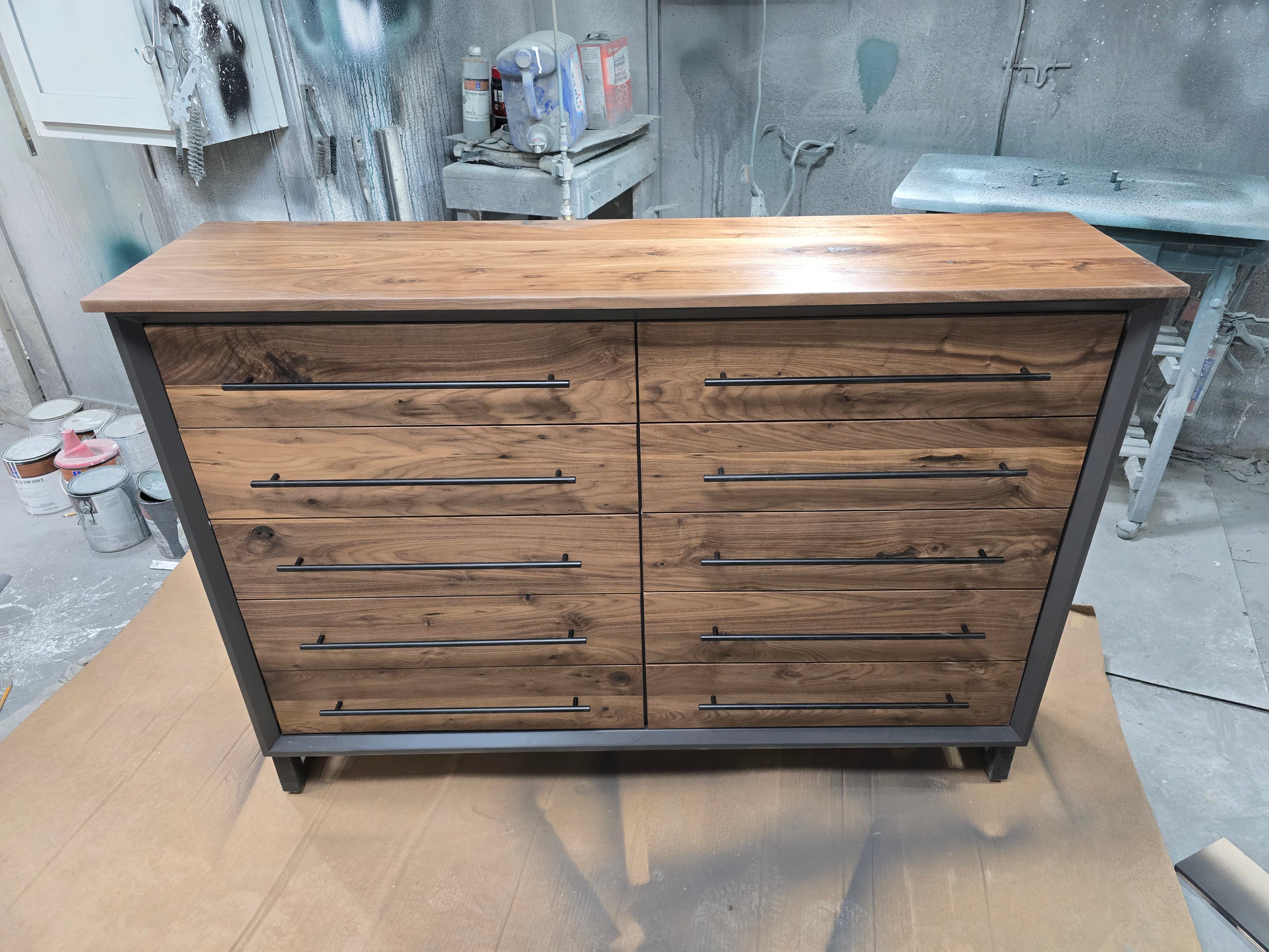 Modern industrial 10 drawer dresser solid walnut and gray shell