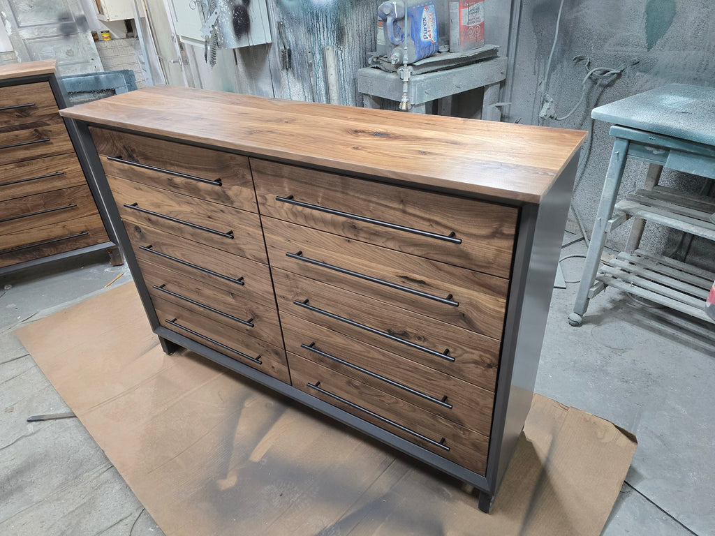 Modern industrial 10 drawer dresser solid walnut and gray shell