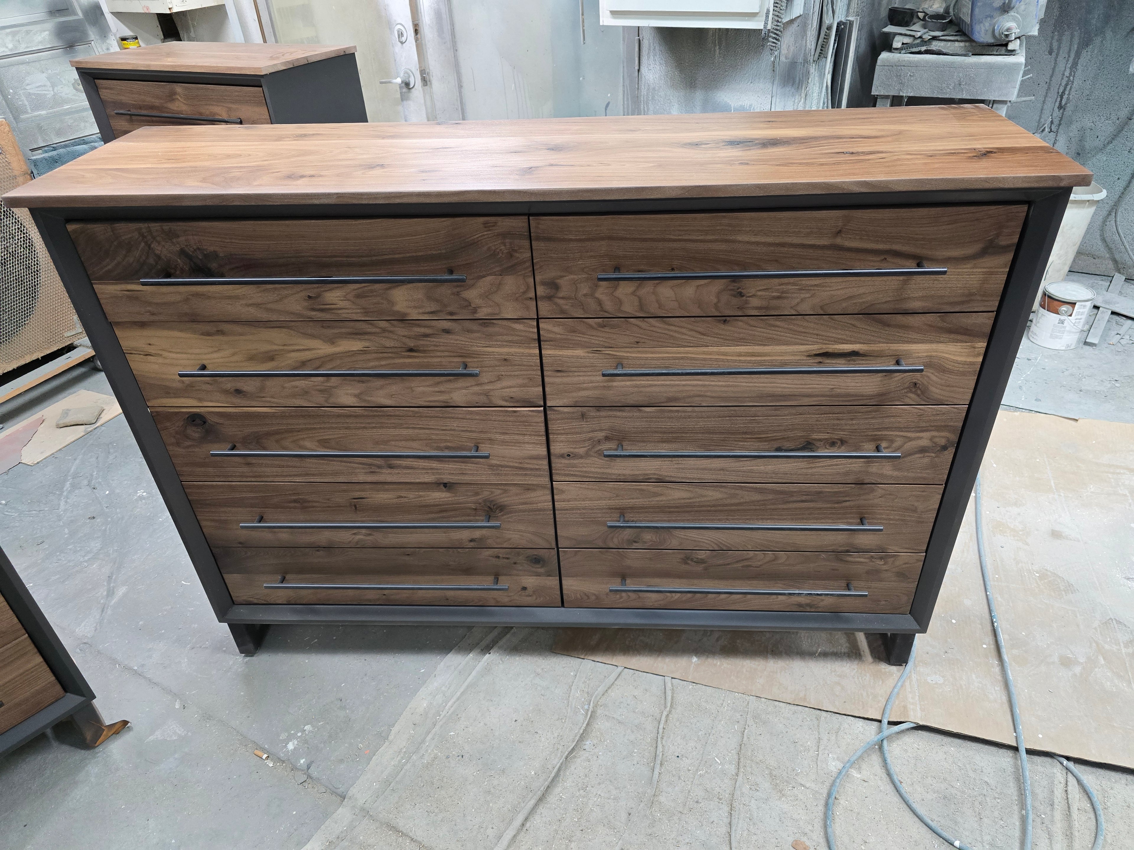 Modern industrial 10 drawer dresser solid walnut and gray shell