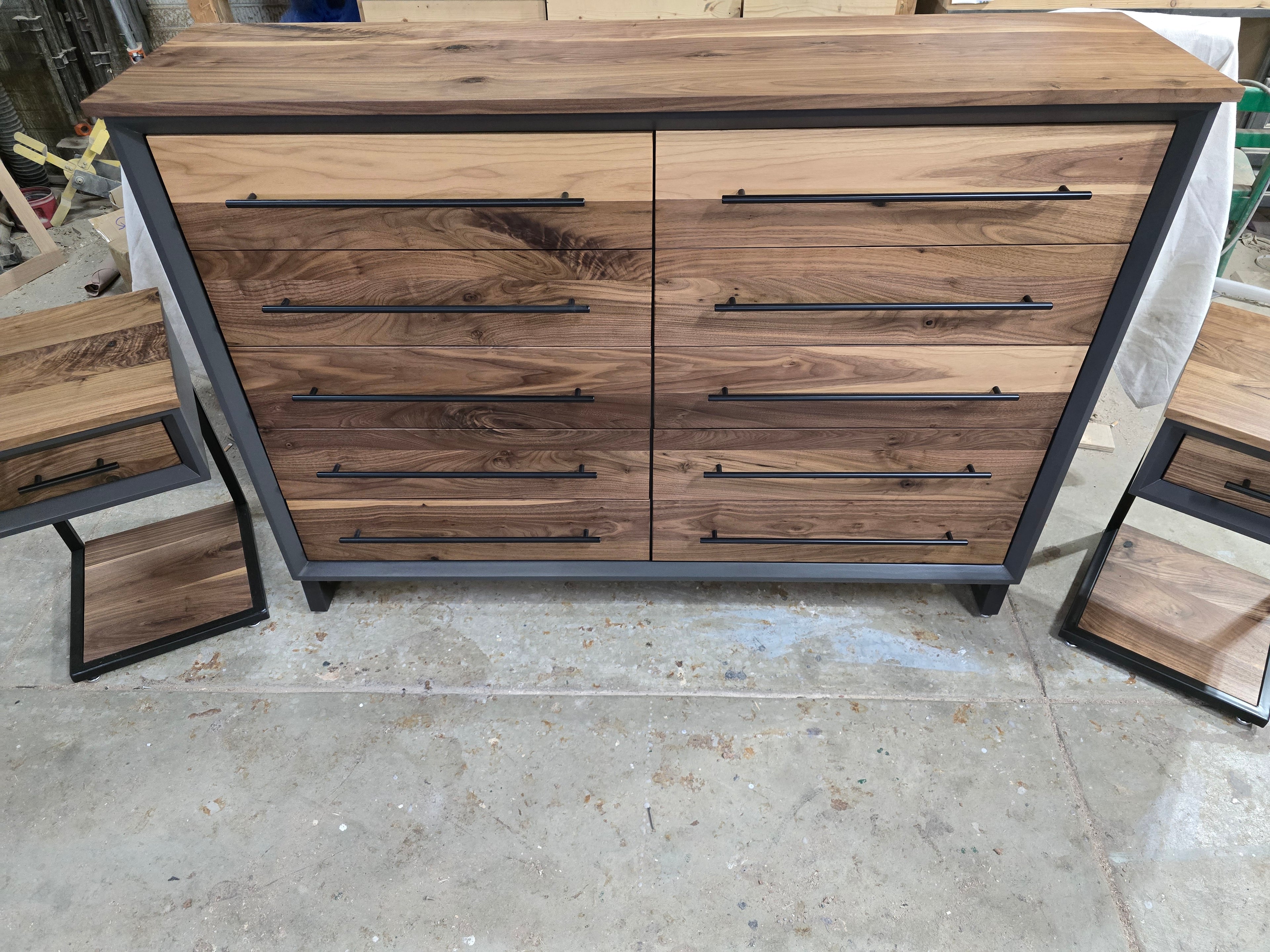 Modern industrial 10 drawer dresser solid walnut and gray shell