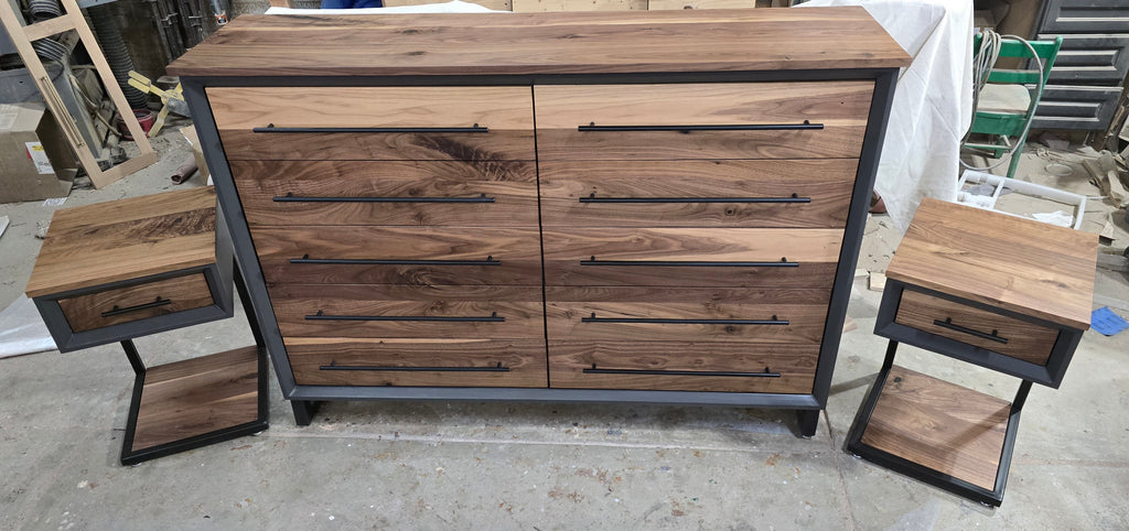 Modern industrial 10 drawer dresser solid walnut and gray shell