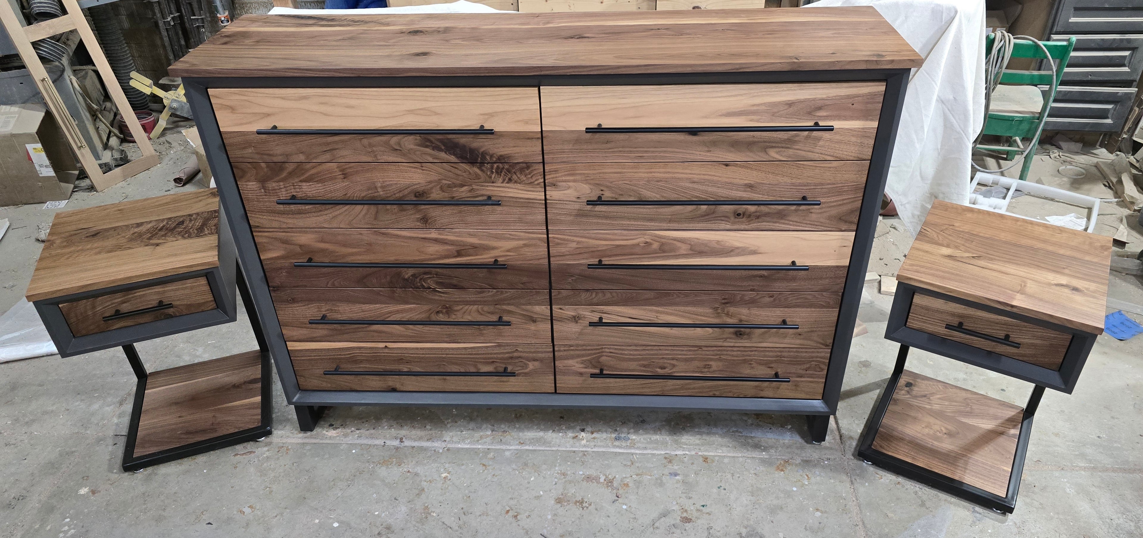 Modern industrial 10 drawer dresser solid walnut and gray shell