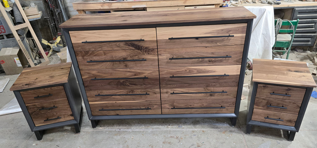 Modern industrial 10 drawer dresser solid walnut and gray shell