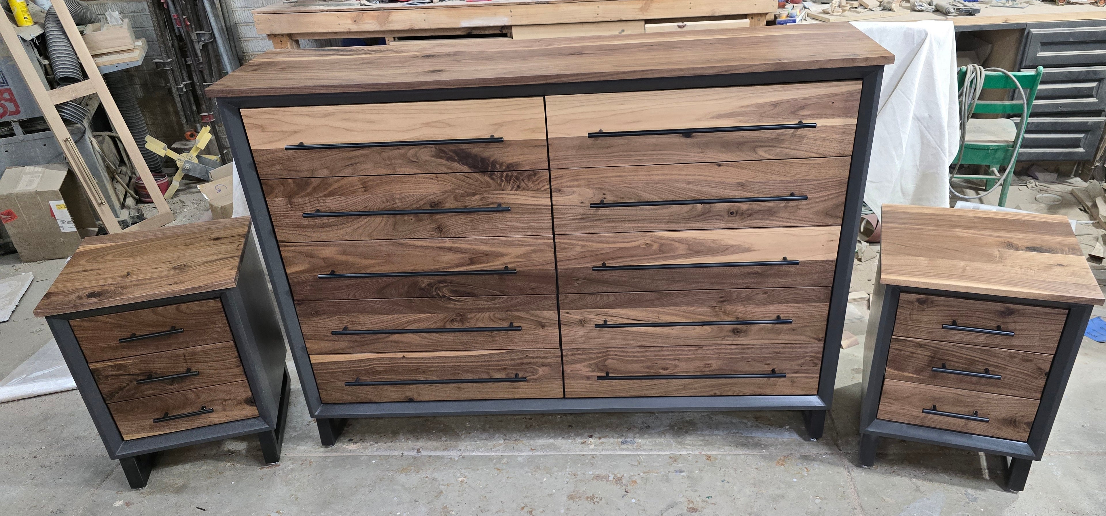 Modern industrial 10 drawer dresser solid walnut and gray shell