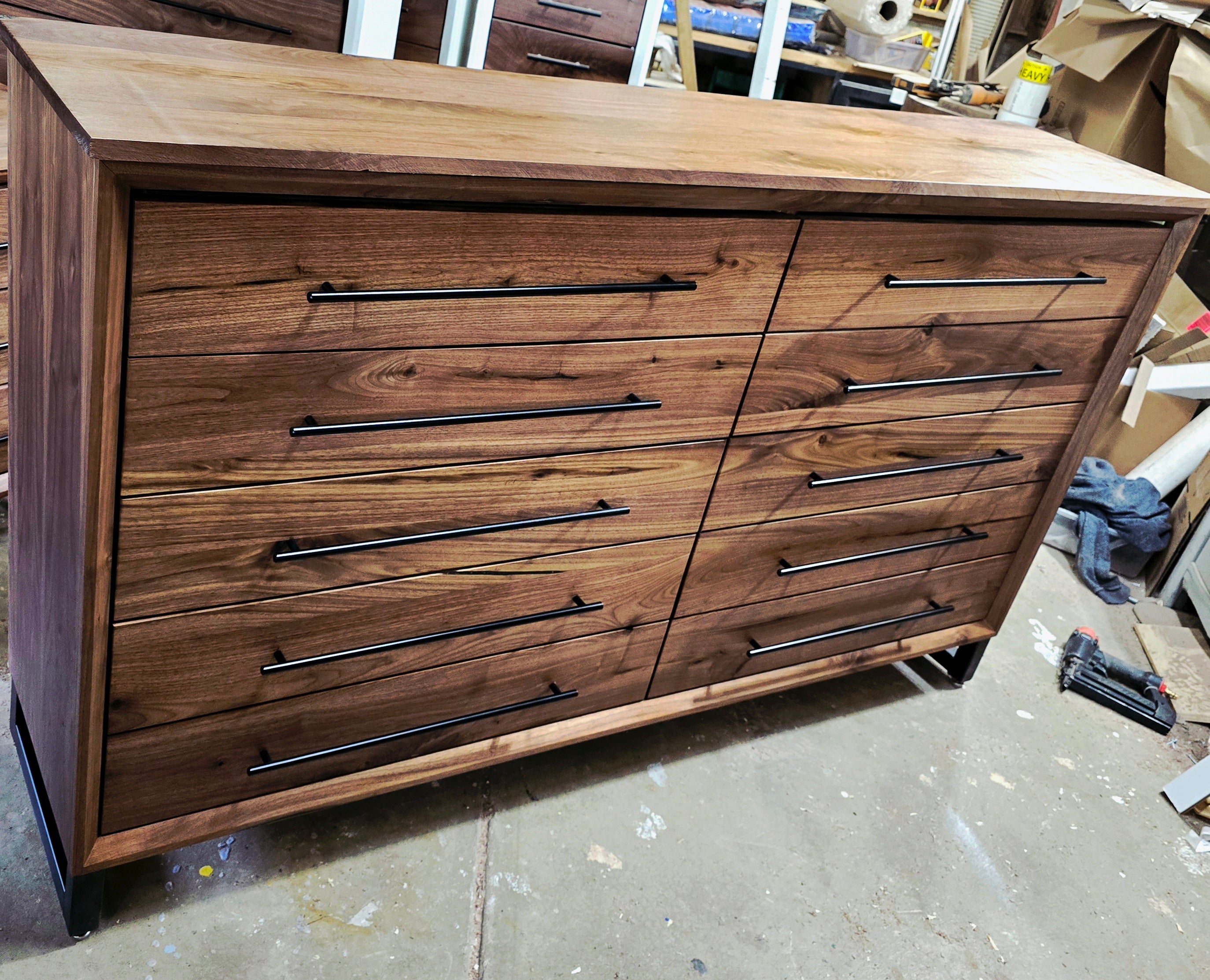 Solid walnut 10 drawer modern industrial dresser