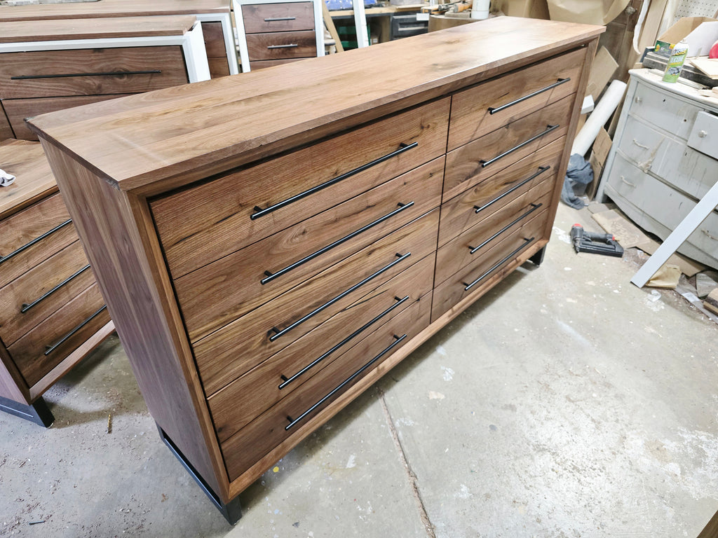 Solid walnut 10 drawer modern industrial dresser