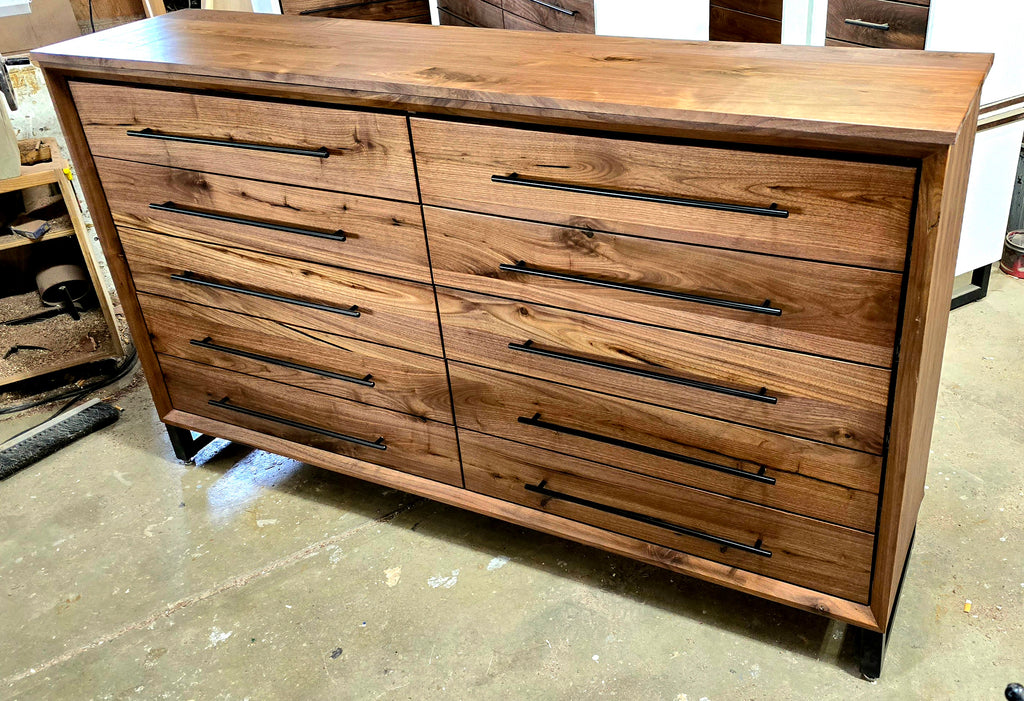Solid walnut 10 drawer modern industrial dresser