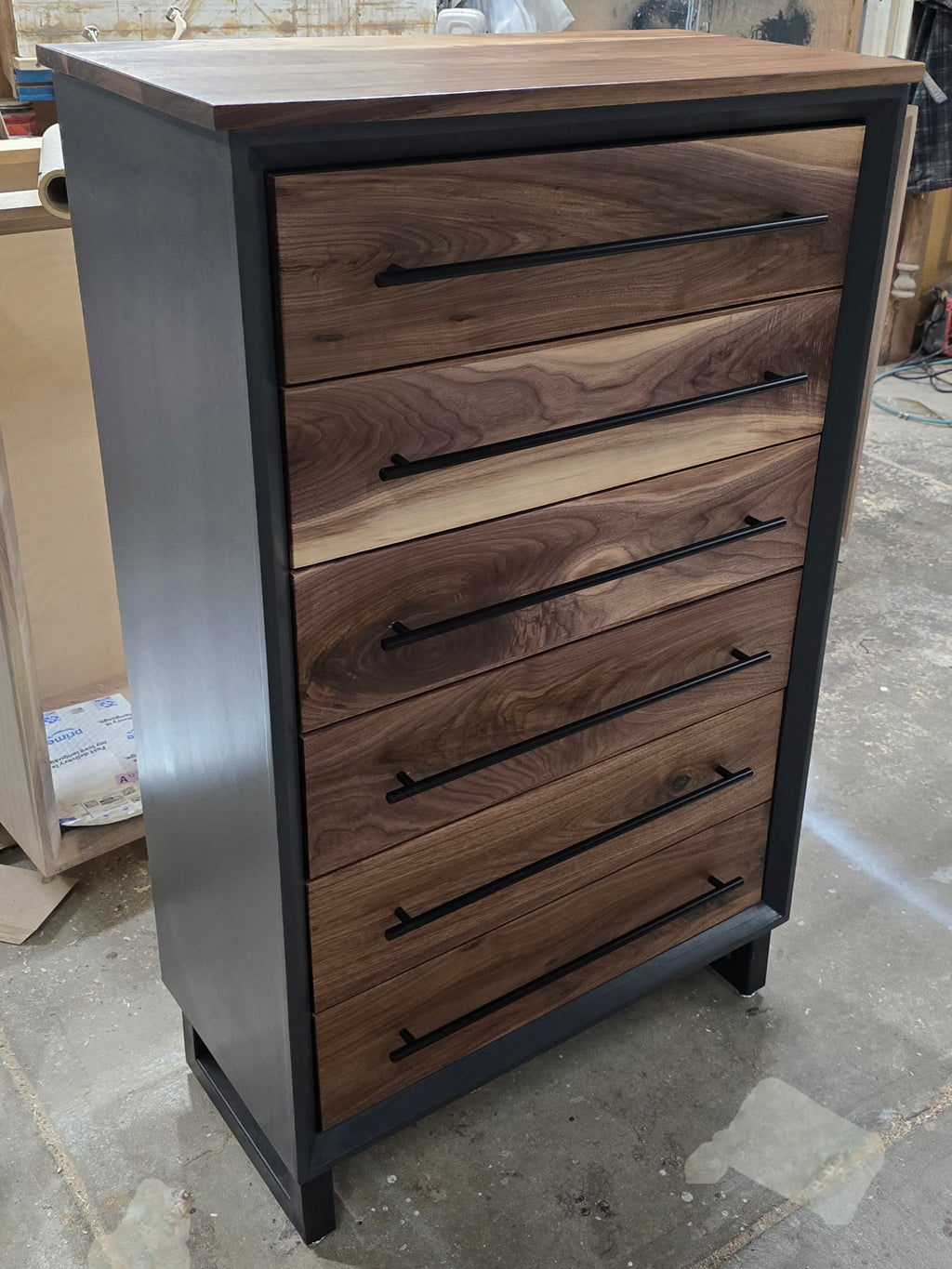 Modern industrial handcrafted 6 drawer chest of drawers with real walnut with gray shell on steel legs 30w x 49t x 15d made to order