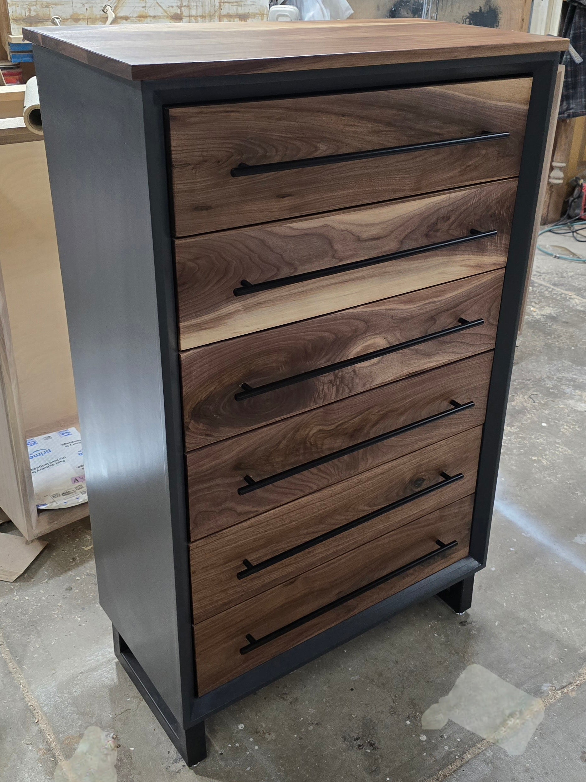Modern industrial handcrafted 6 drawer chest of drawers with real walnut with gray shell on steel legs 30w x 49t x 15d made to order