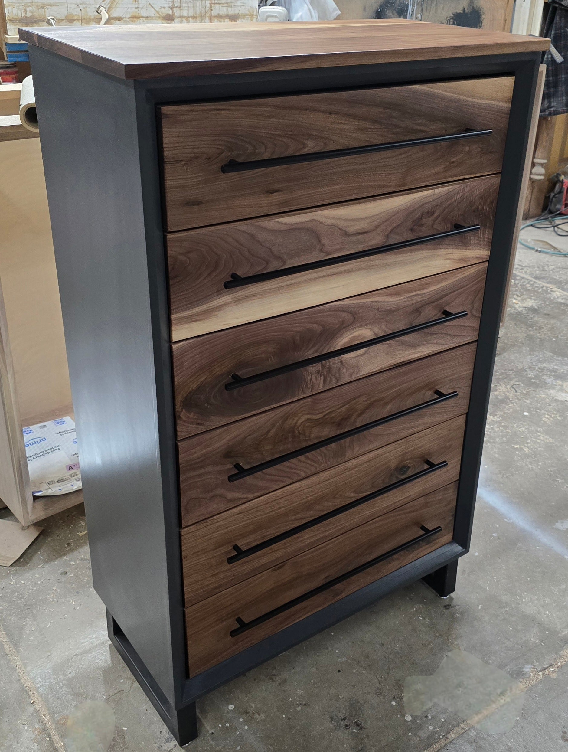 Modern industrial handcrafted 6 drawer chest of drawers with real walnut with gray shell on steel legs 30w x 49t x 15d made to order