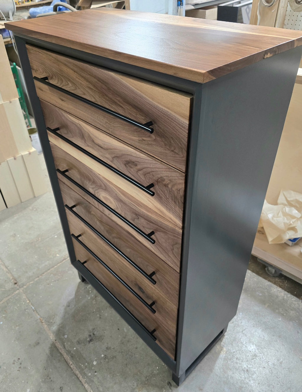 Modern industrial handcrafted 6 drawer chest of drawers with real walnut with gray shell on steel legs 30w x 49t x 15d made to order