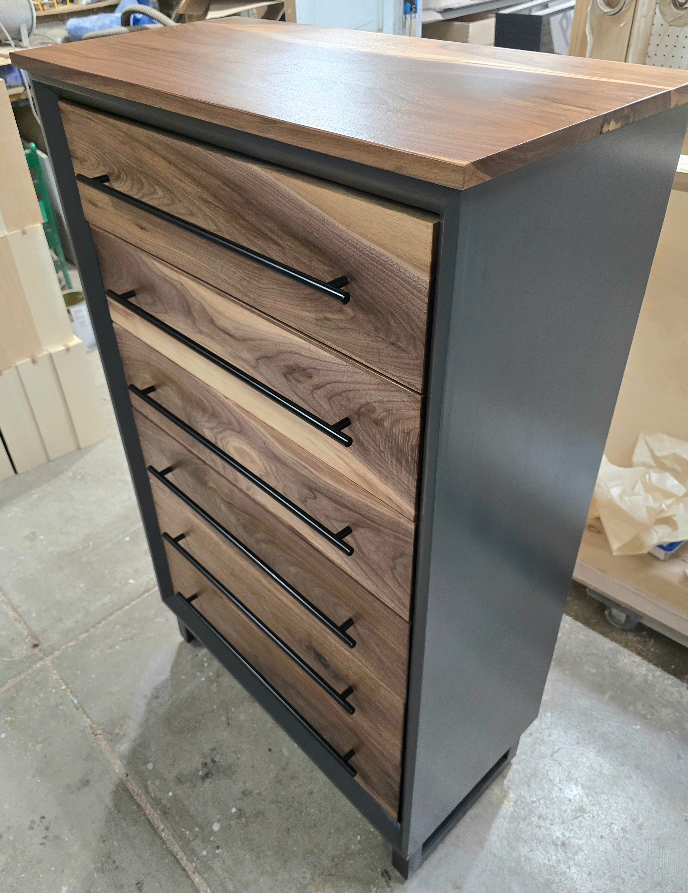 Modern industrial handcrafted 6 drawer chest of drawers with real walnut with gray shell on steel legs 30w x 49t x 15d made to order