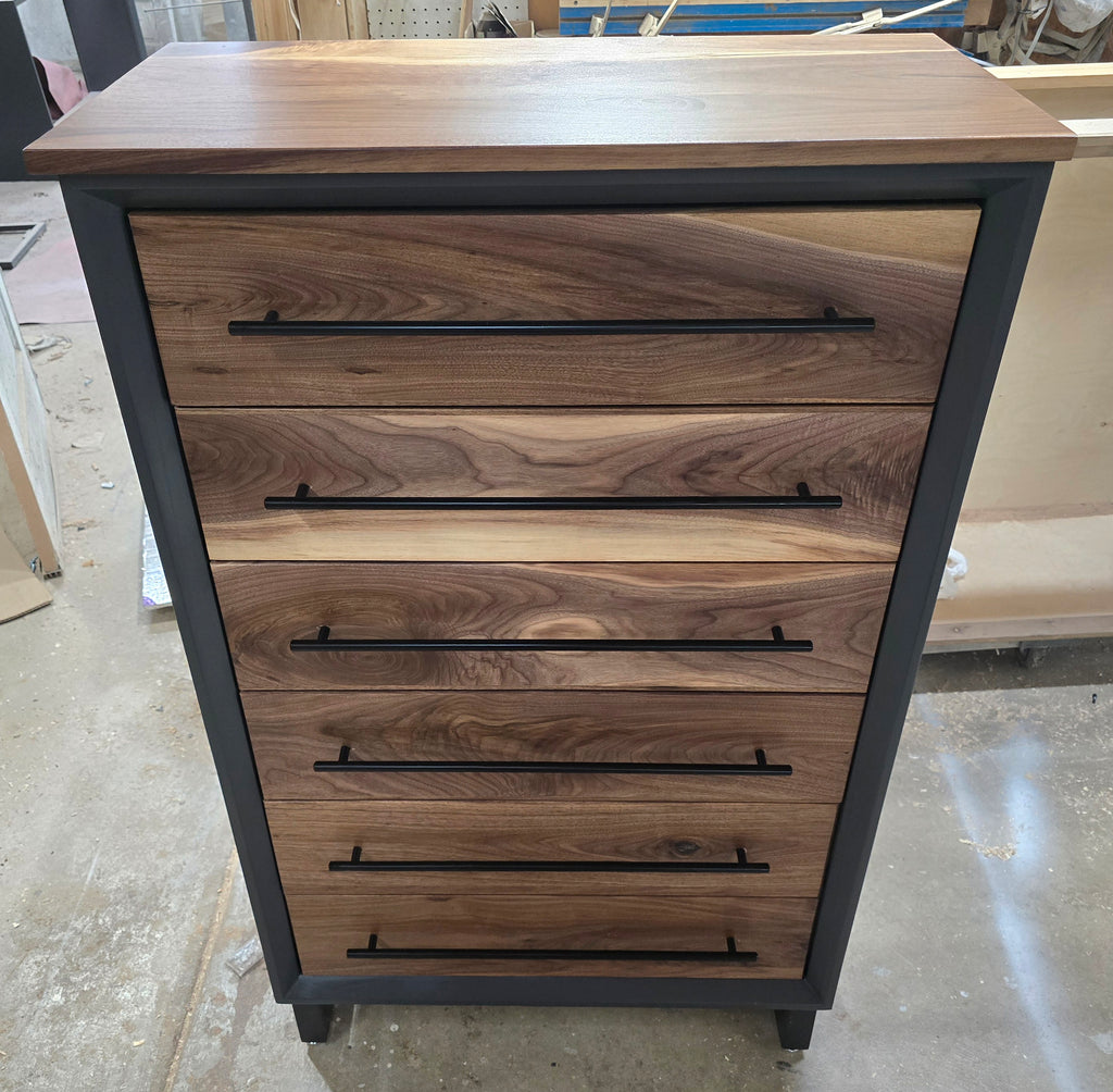 Modern industrial handcrafted 6 drawer chest of drawers with real walnut with gray shell on steel legs 30w x 49t x 15d made to order