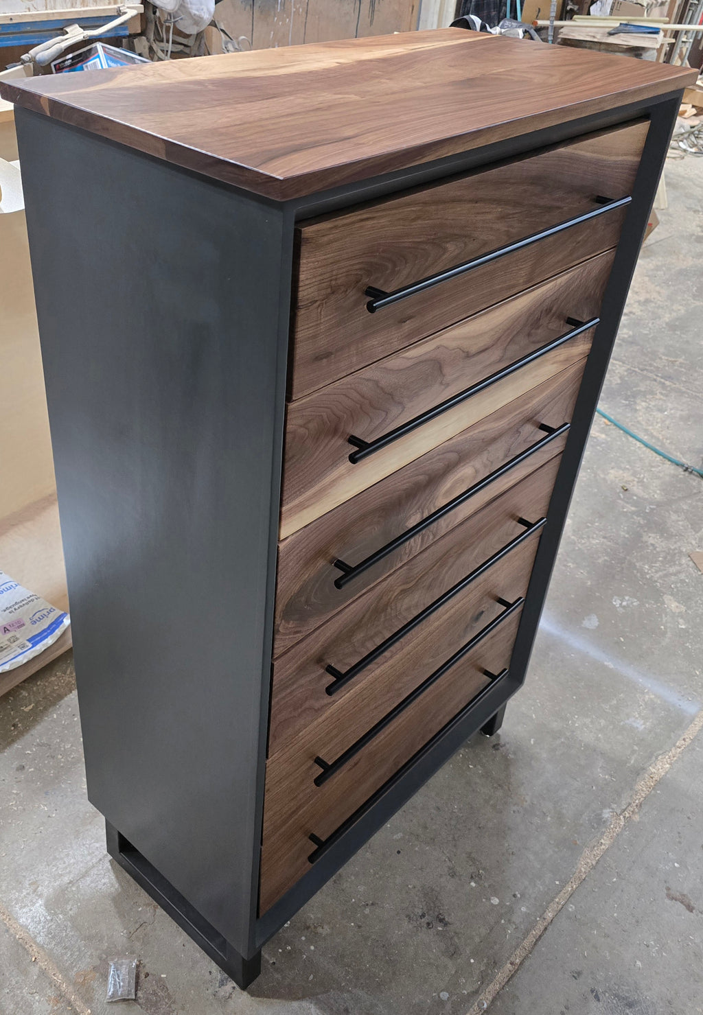 Modern industrial handcrafted 6 drawer chest of drawers with real walnut with gray shell on steel legs 30w x 49t x 15d made to order