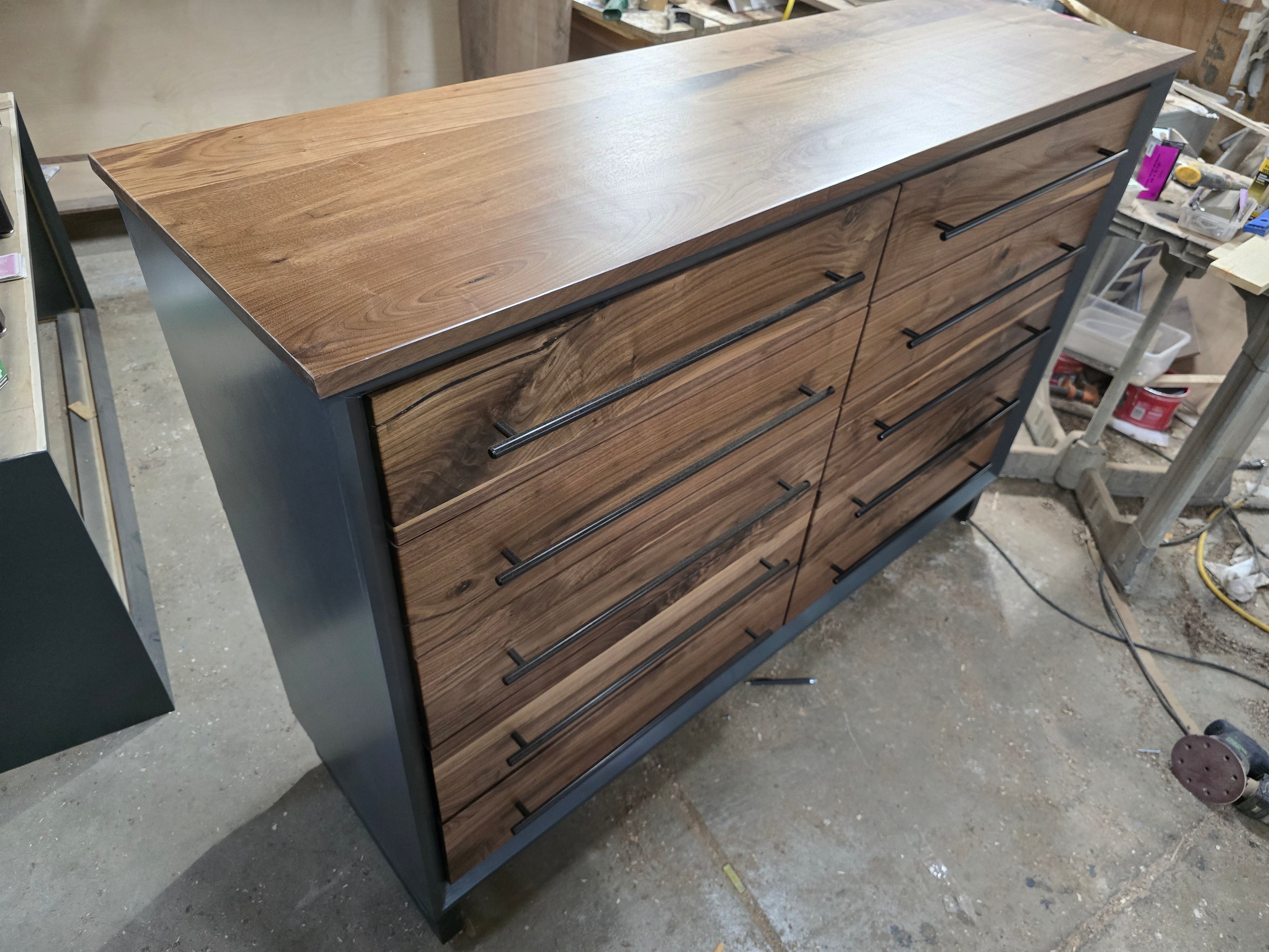 Modern industrial 10 drawer dresser solid walnut and gray shell
