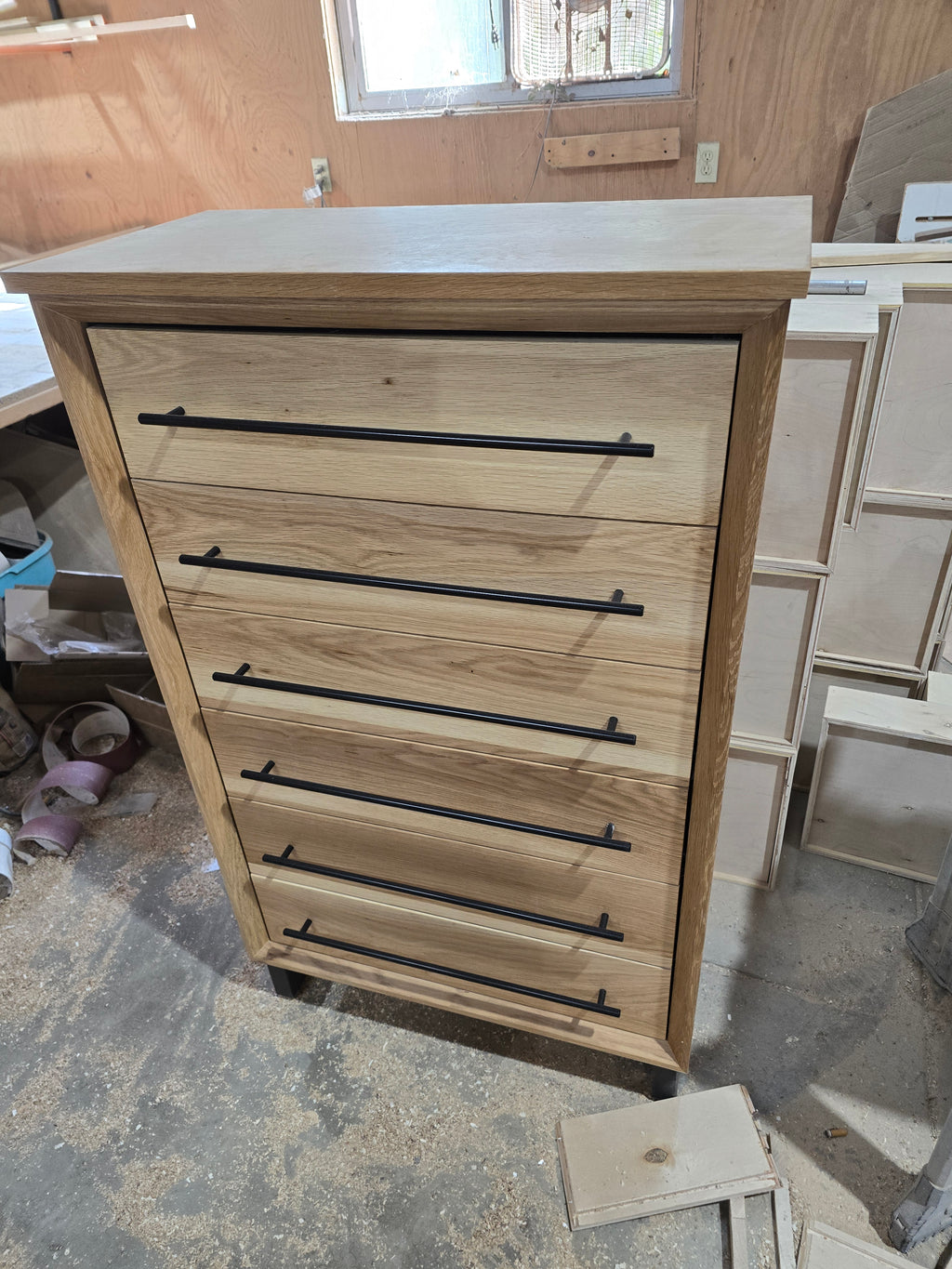 Modern industrial white oak 6 drawer chest of drawers 49t x 15d x 30w handcrafted to order