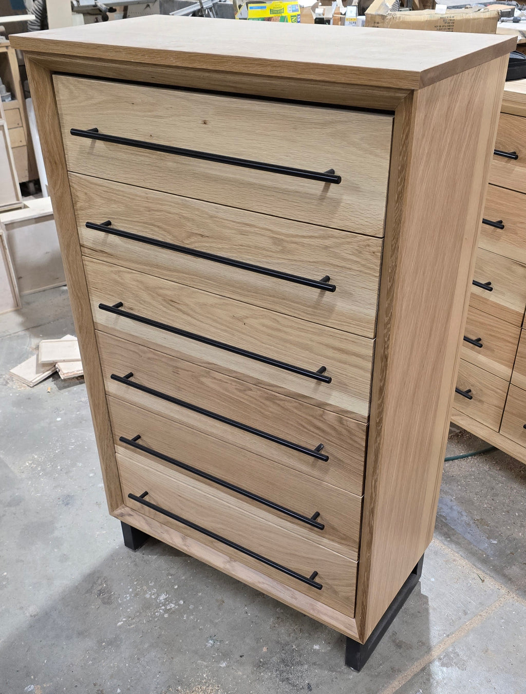 Modern industrial white oak 6 drawer chest of drawers 49t x 15d x 30w handcrafted to order