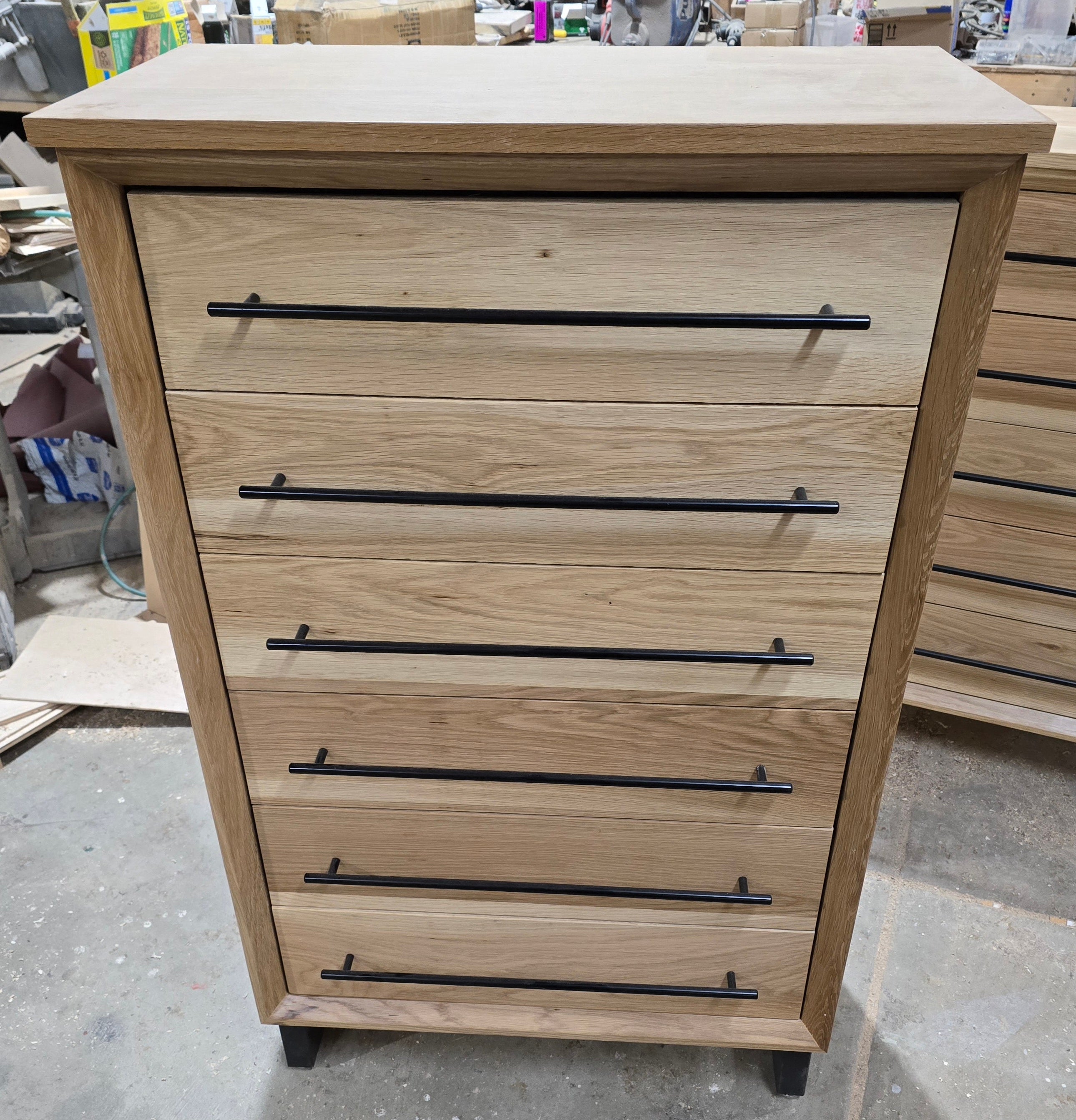 Modern industrial white oak 6 drawer chest of drawers 49t x 15d x 30w handcrafted to order