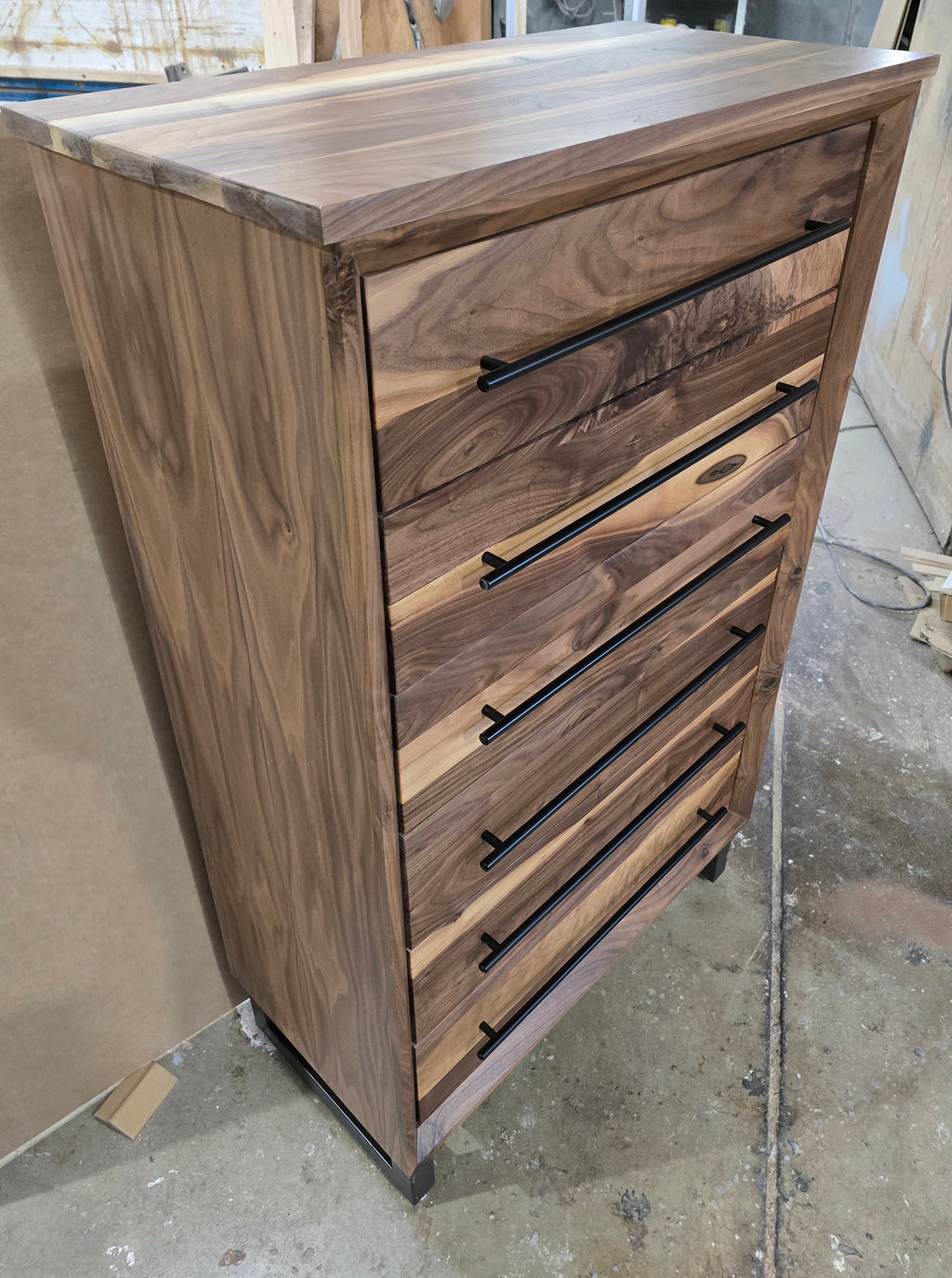 Modern Industrial 6 drawer chest of drawers in walnut handcrafted to order 49t x 15d x 30w