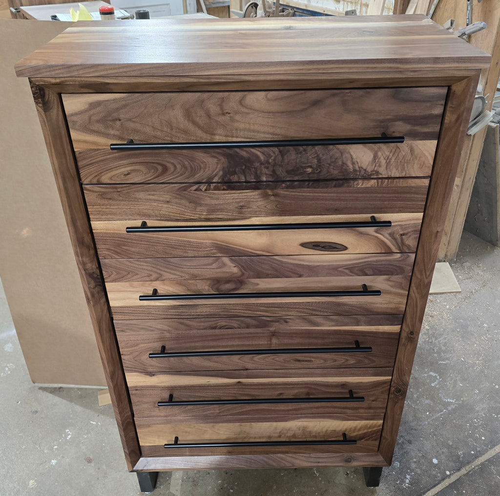 Modern Industrial 6 drawer chest of drawers in walnut handcrafted to order 49t x 15d x 30w