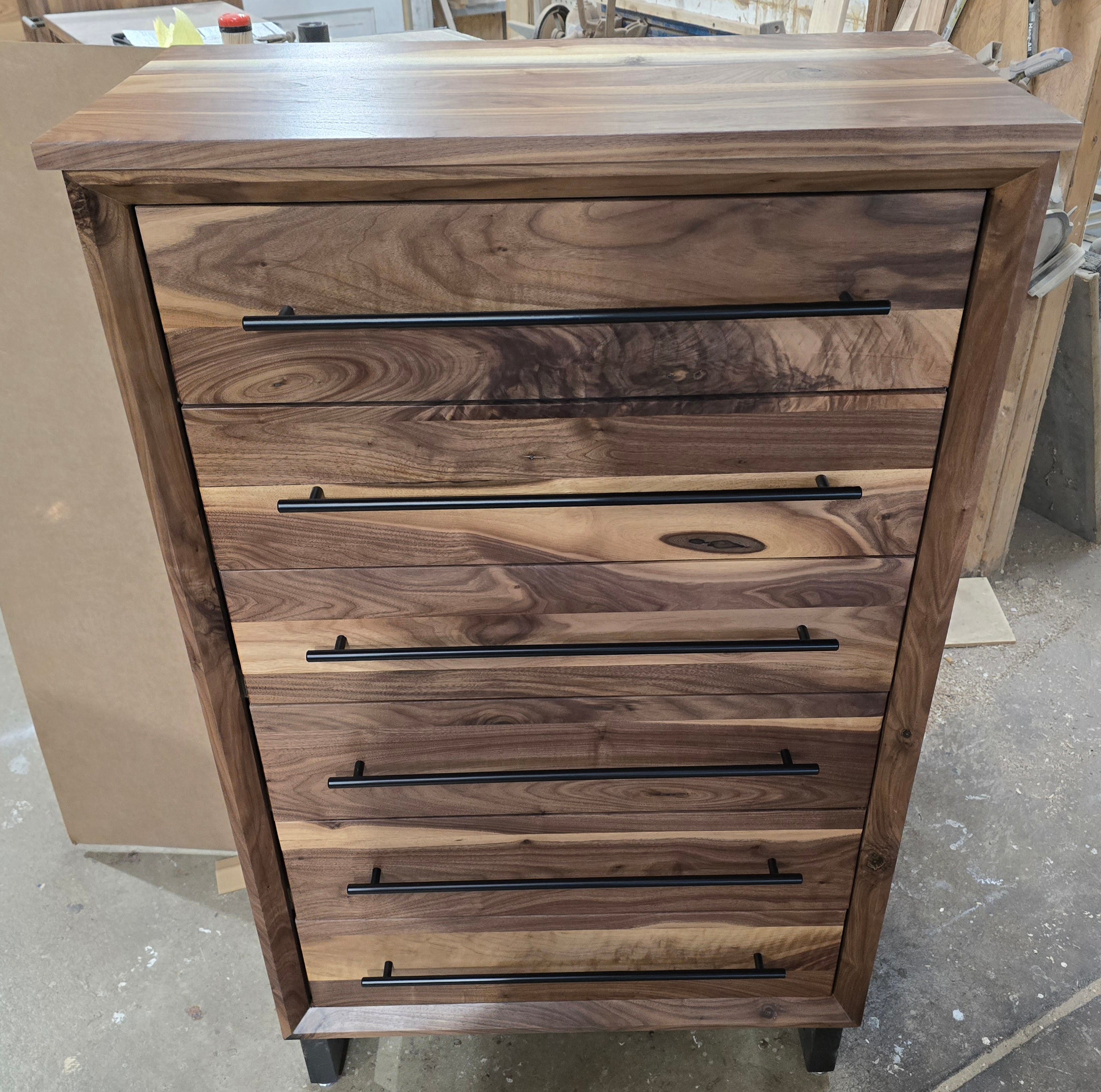 Modern Industrial 6 drawer chest of drawers in walnut handcrafted to order 49t x 15d x 30w