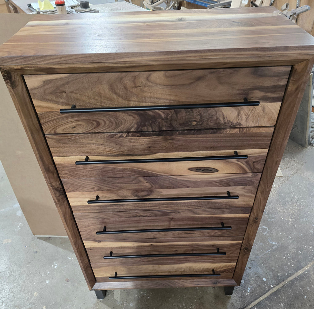 Modern Industrial 6 drawer chest of drawers in walnut handcrafted to order 49t x 15d x 30w