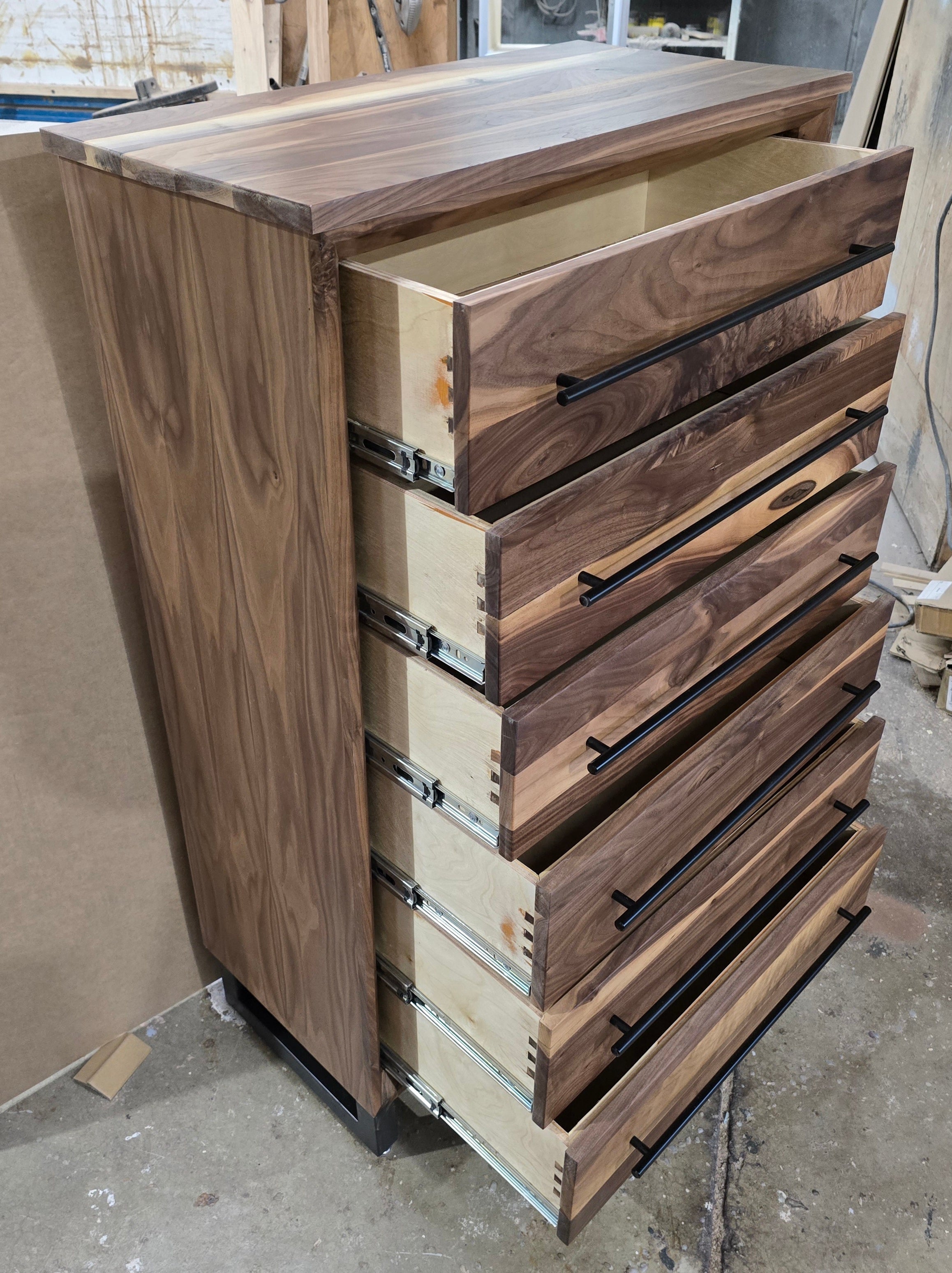 Modern Industrial 6 drawer chest of drawers in walnut handcrafted to order 49t x 15d x 30w