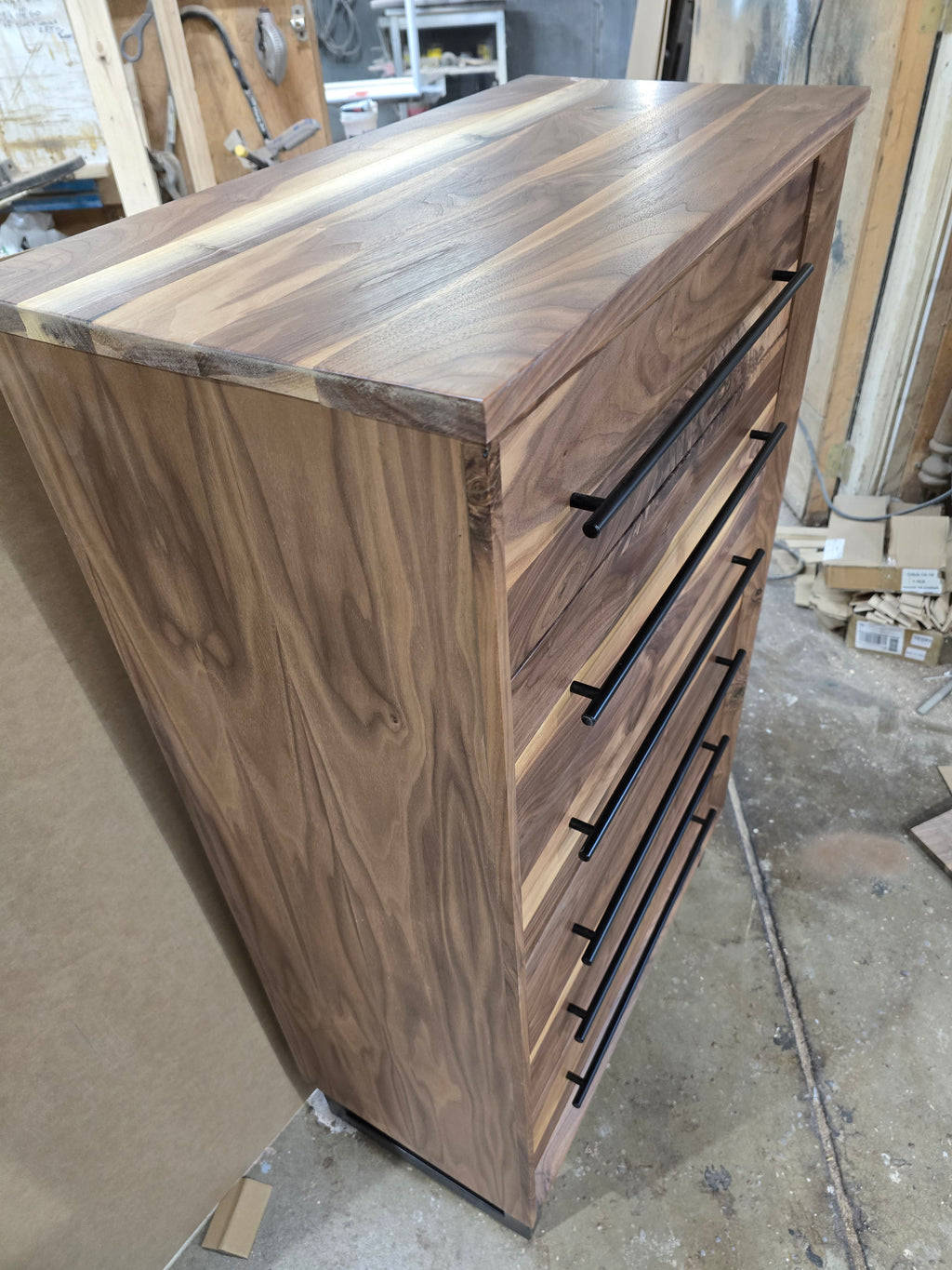 Modern Industrial 6 drawer chest of drawers in walnut handcrafted to order 49t x 15d x 30w