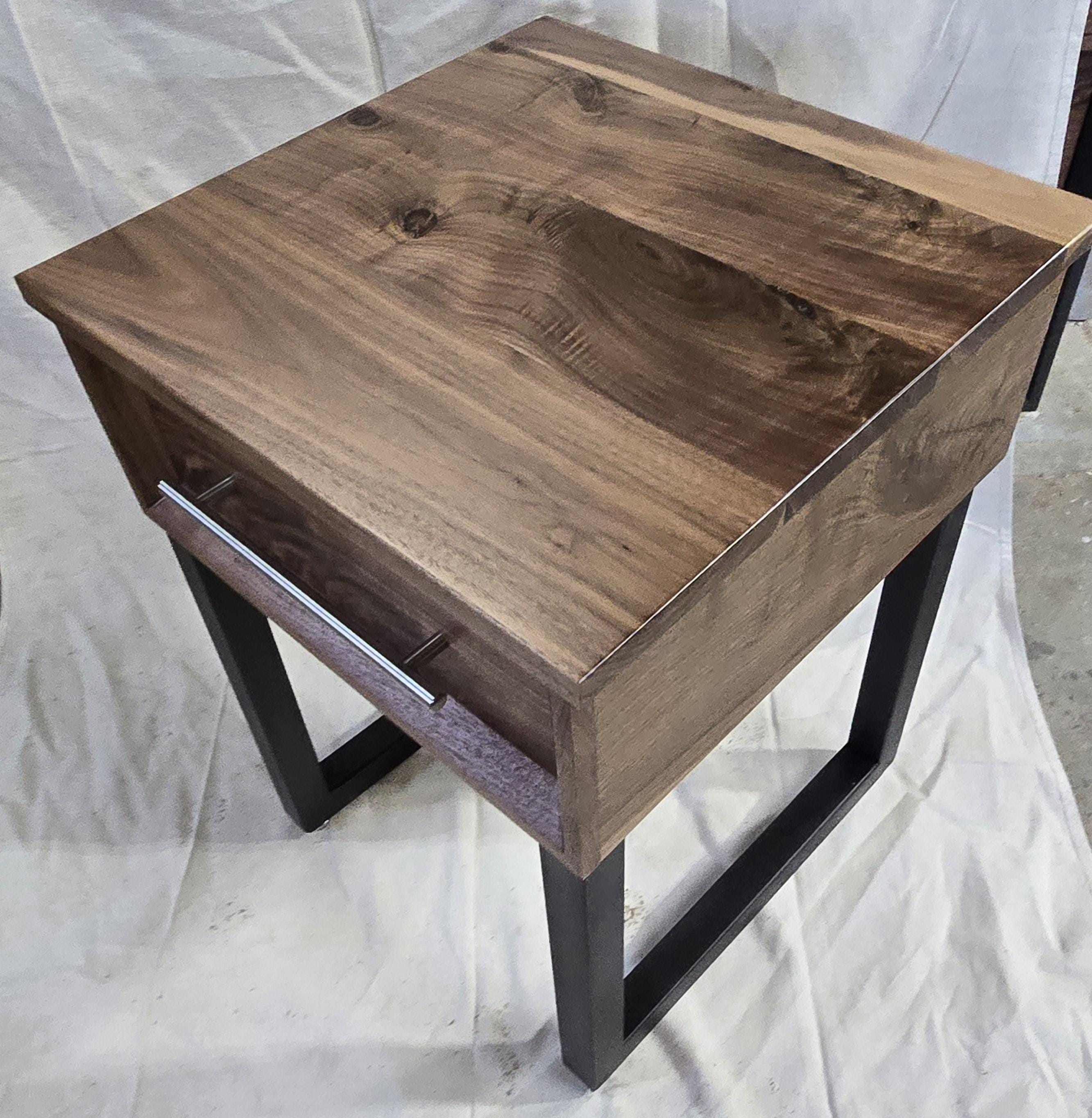 handmade 18 x 18 x 24t nightstands with white oak drawer front and top on steel legs