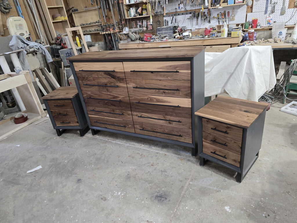 handcrafted 10 drawer 42 x 60 x 18 real walnut dresser and 2 18 x 18 x 24 3 drawer nighstand set with room of choice delivery 2200.00