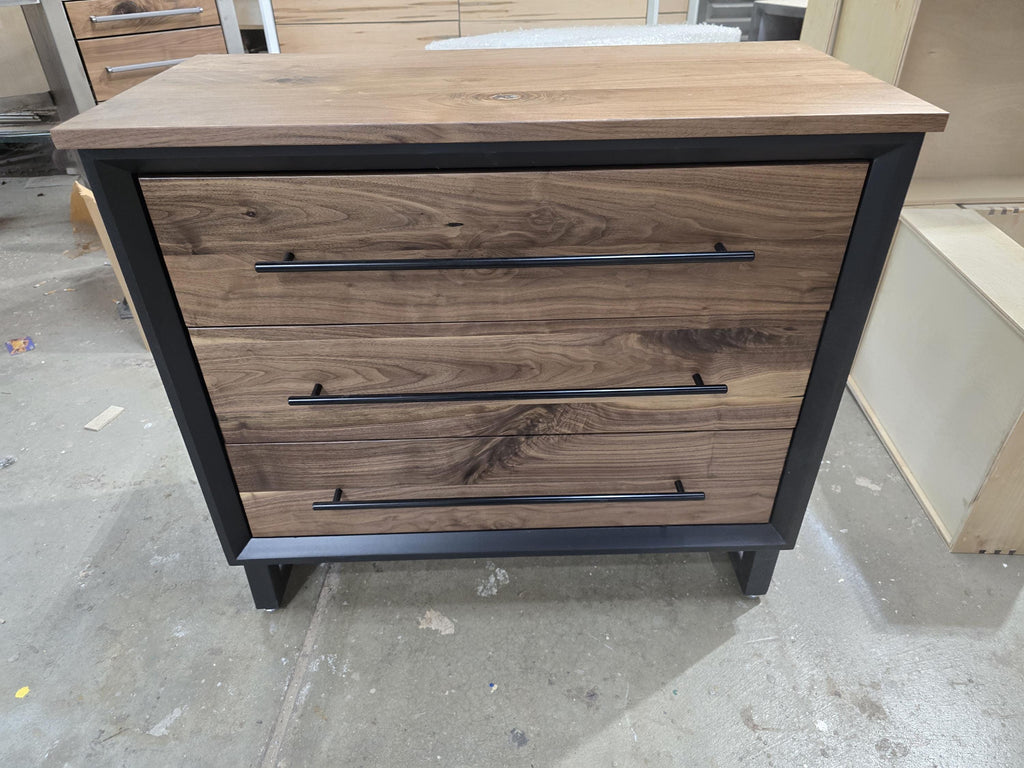 small 3 drawer dresser/nightstand with real walnut shown in black with steel legs (other options available) 34w x 30t x 16d