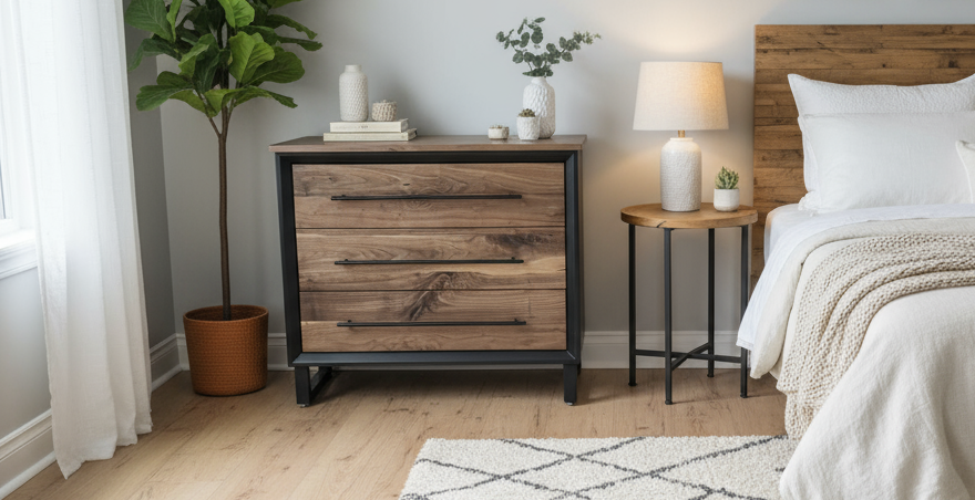 small 3 drawer dresser/nightstand with real walnut shown in black with steel legs (other options available) 34w x 30t x 16d